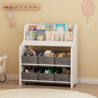 Kids Bookshelf with 6 Fabric Storage Bins, Multi-Functional Children's Bookcase and Toy Organizer, Front-Facing Display Shelf