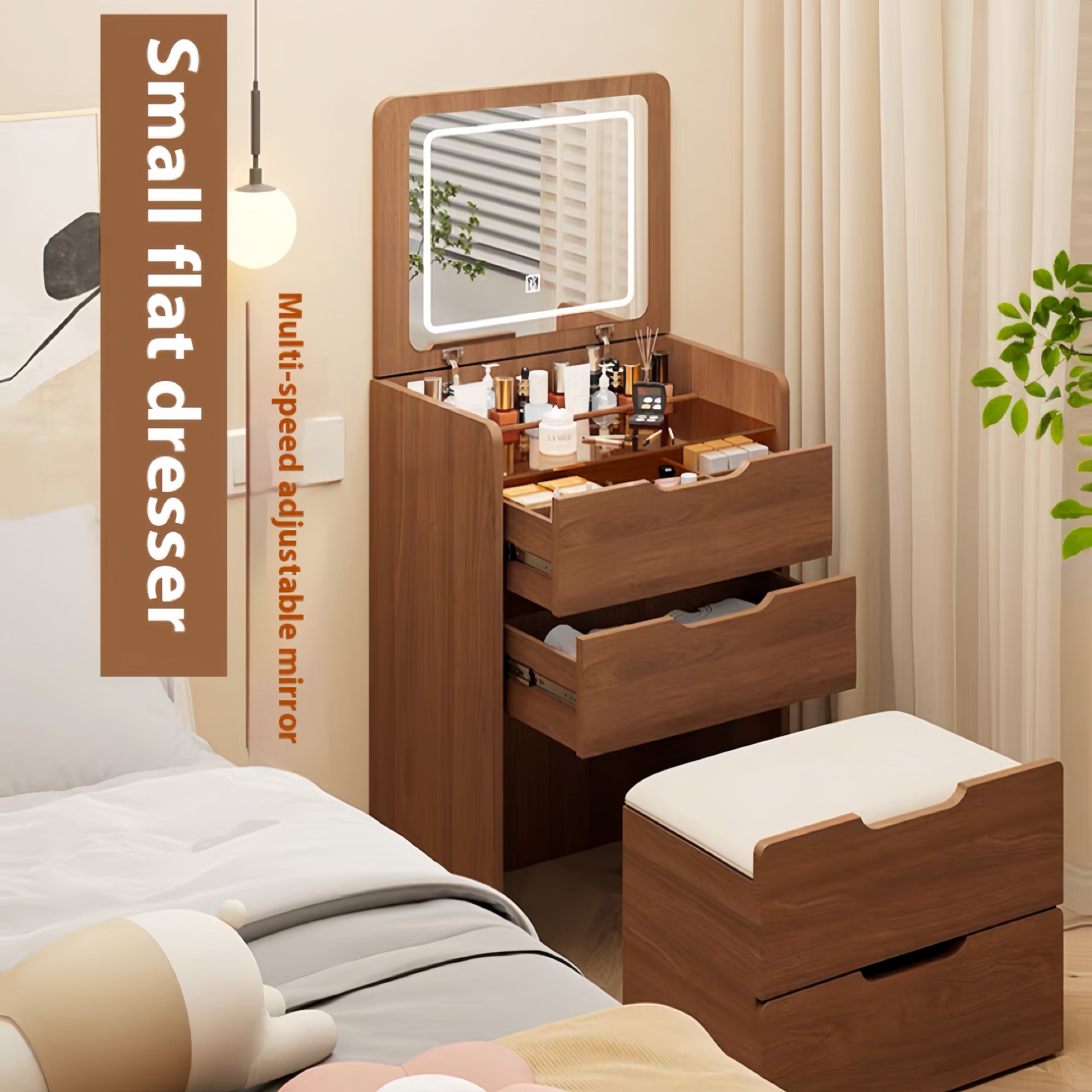 (48cm)(Walnut) 3 in 1 Vanity Desk with Plip Top Mirror,Small Make Up Vanity Set with Visible Glass Desktop, Compact Makeup Vanity with 3 Drawers, Dressing Table - Grand Goldman Shop
