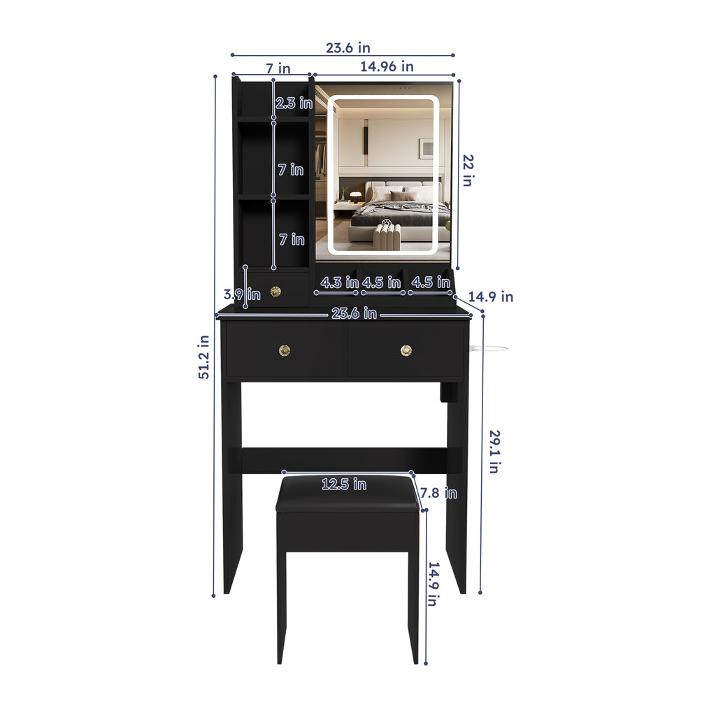Modern Small Vanity Desk with 3 LED Lighting Modes, 3 Drawers, Open Shelves, Hair Dryer Holder, Power Socket, and Dressing Chair in Black MDF - Grand Goldman Shop