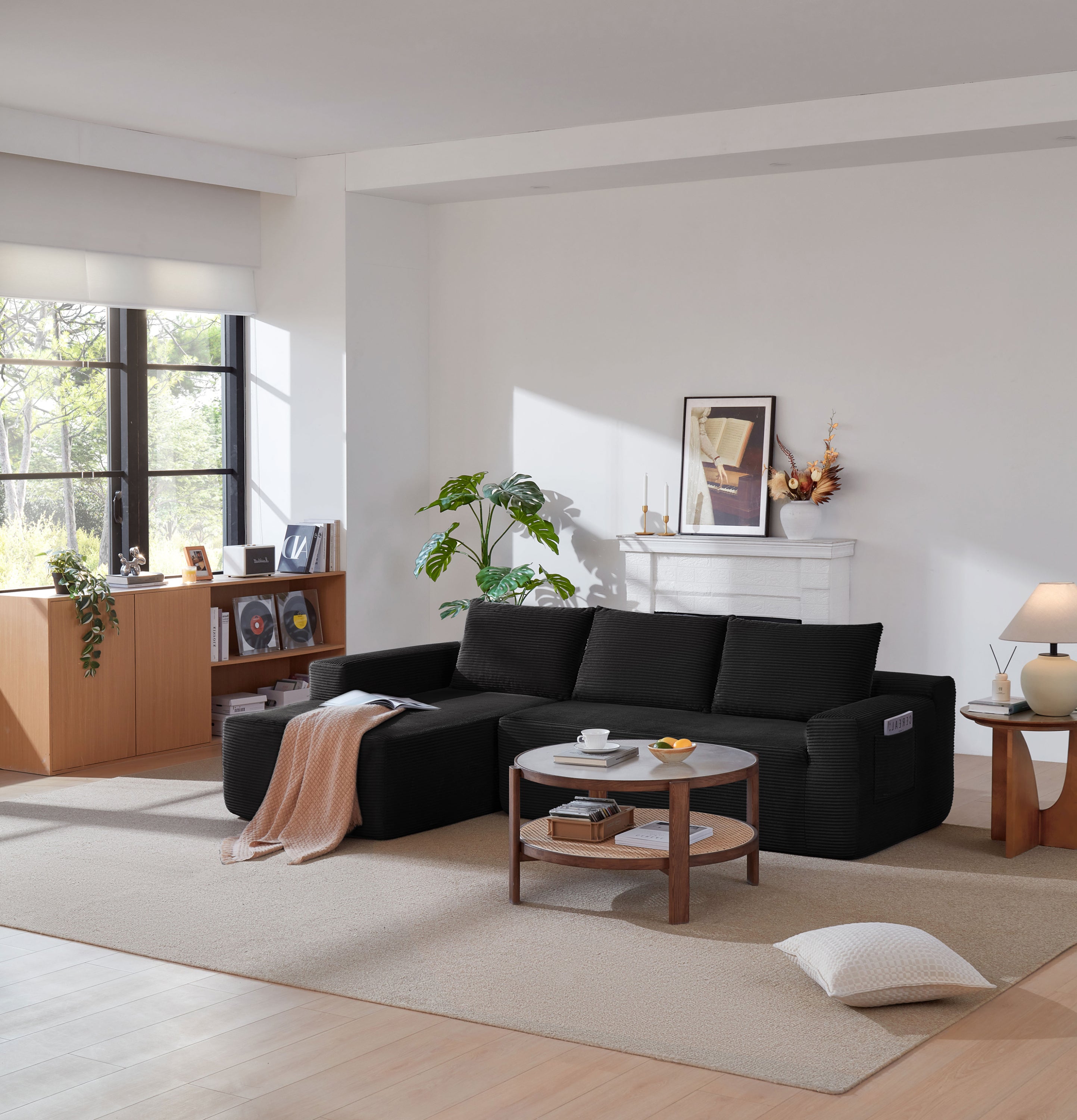 96.9' Cloud Sectional Couch with L-Shape Chaise,Modern Modular Sofa with Deep Seat, Upholstered Couches for Living Room Bedroom,No Assembly Required, (Corduroy Fabric),Black - Grand Goldman Shop