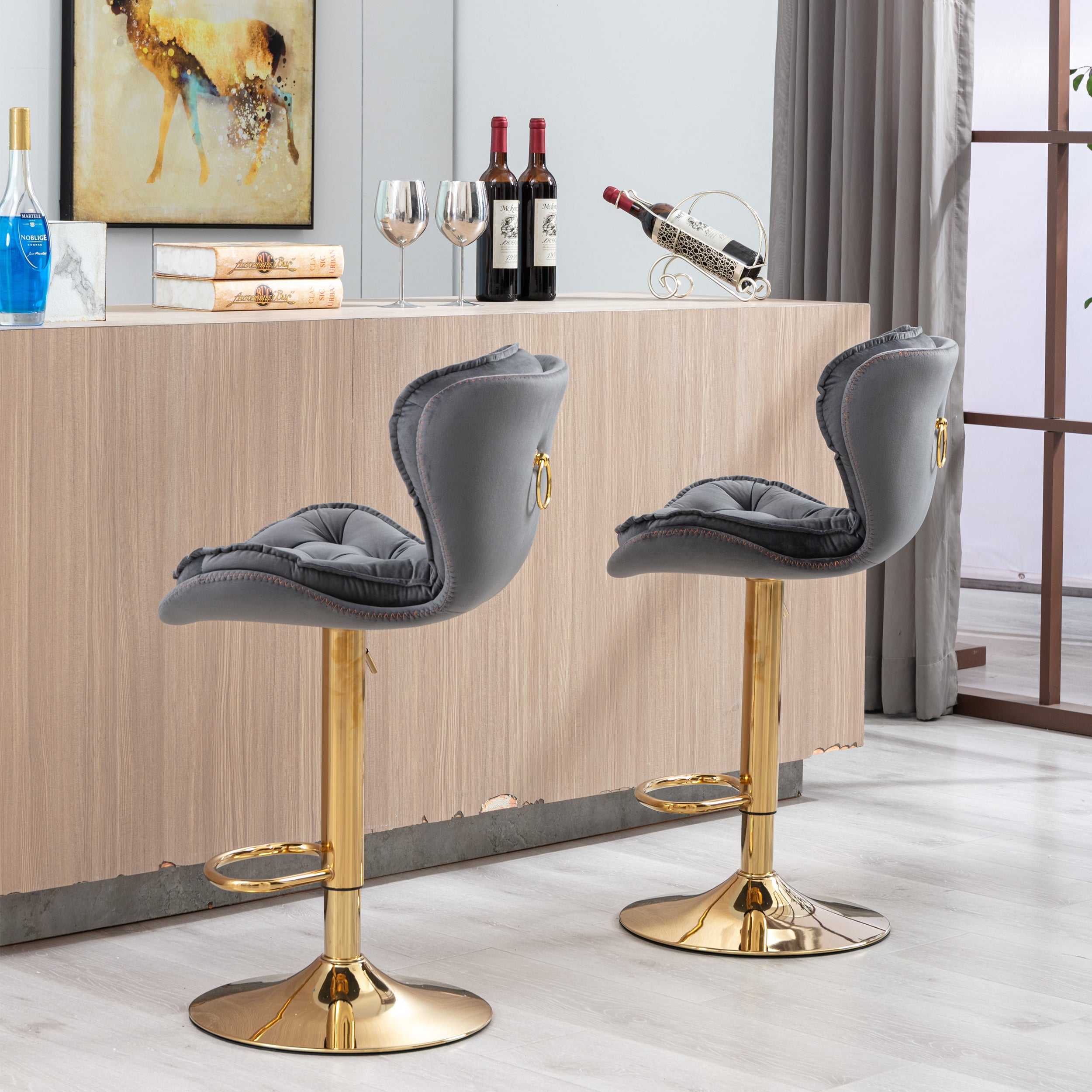 Set of 2  Bar Stools,with Chrome Footrest and Base Swivel Height Adjustable Mechanical Lifting Velvet + Golden Leg Simple Bar Stool-gray - Grand Goldman Shop