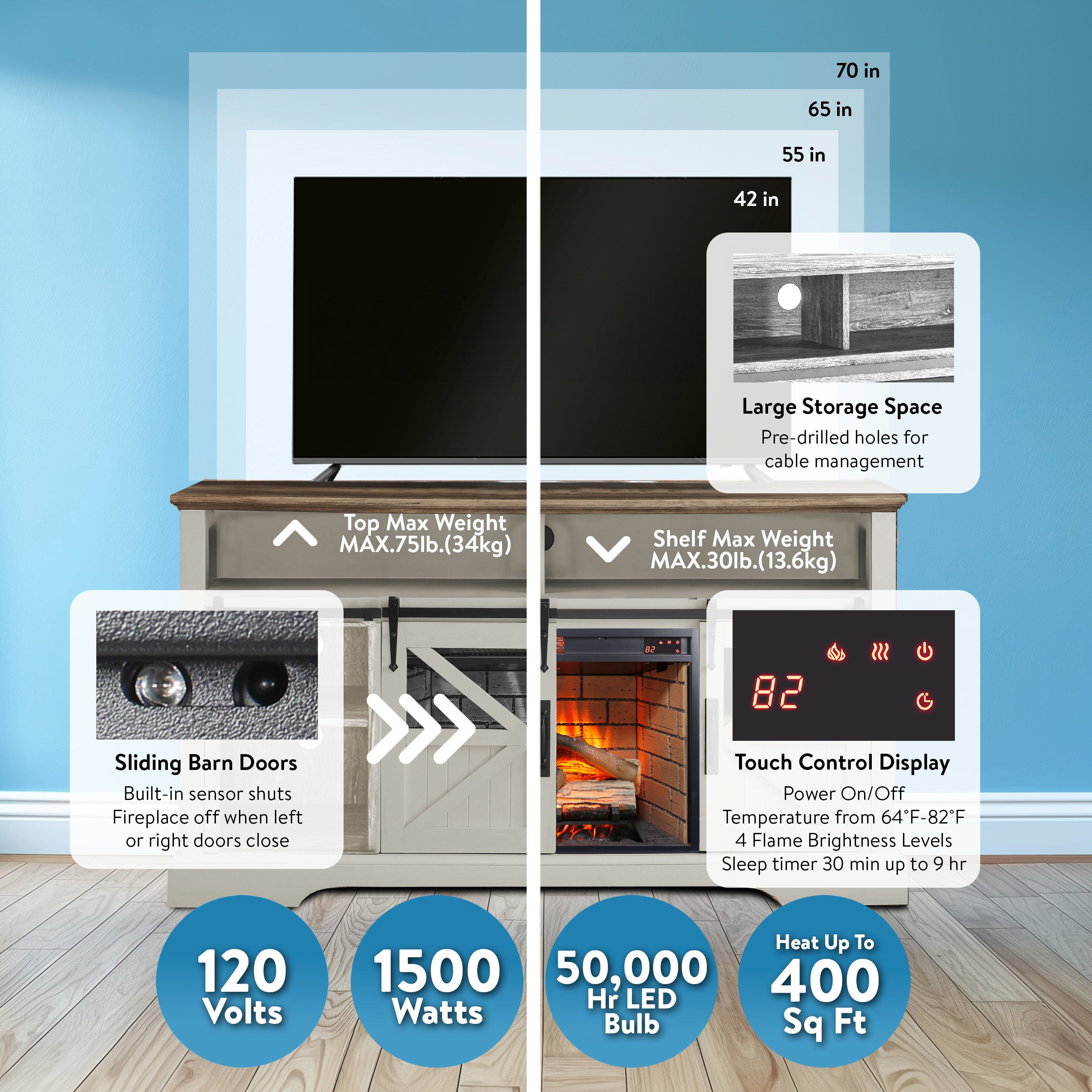 60 Inch Electric Fireplace  Entertainment Center With Door Sensor-Jasmine white color - Grand Goldman Shop