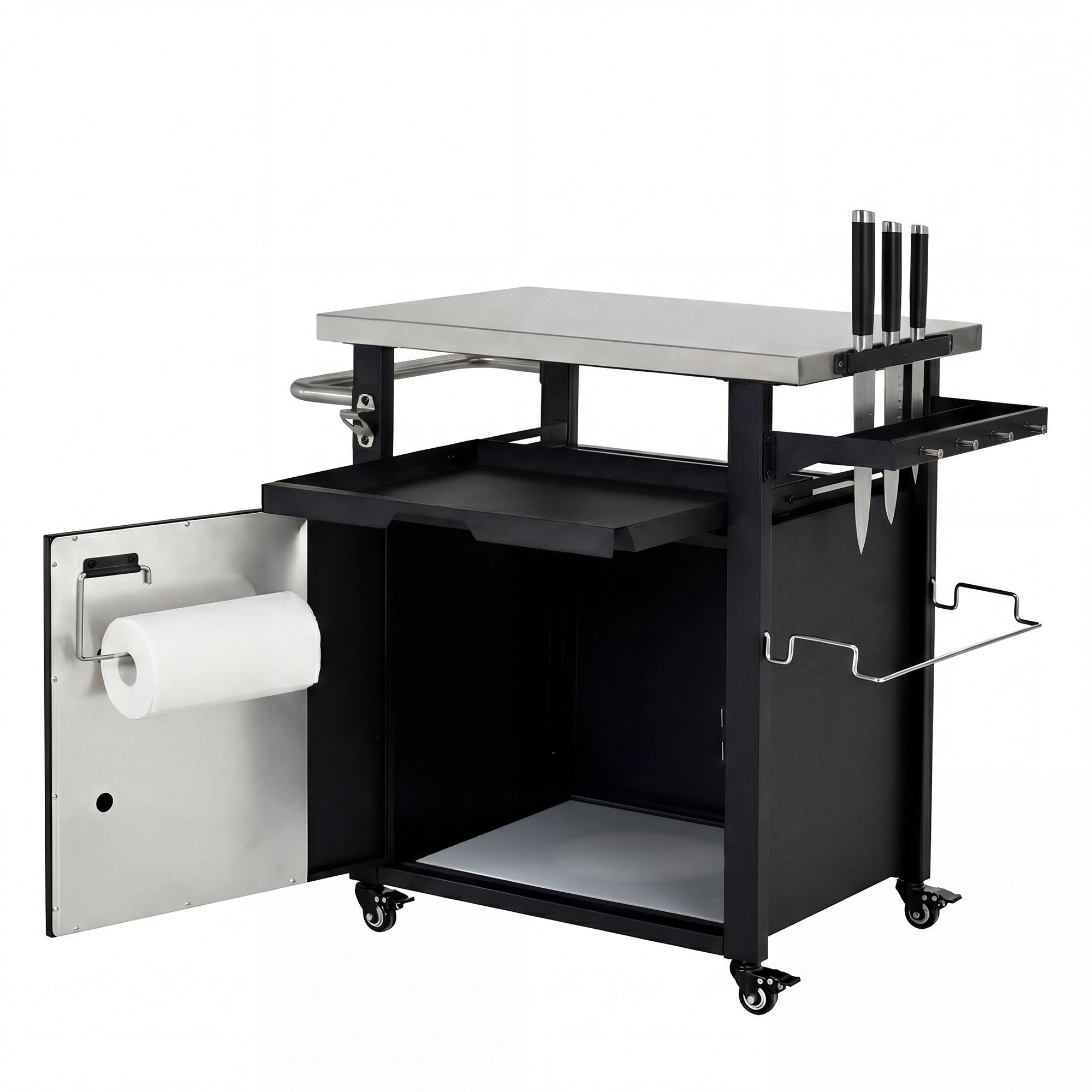 K&K 39.5' Outdoor Grill Cart with Storage Cabinet, Outdoor Bar Cart Pizza Oven Table with Wheels, Stainless Steel Top, Outdoor Kitchen Island with Spice & Paper Rack for BBQ, Waterproof Cover Included - Grand Goldman Shop