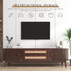 Modern Farmhouse Rattan TV Stand for TVs up to 75'', Natural Wood and Brown Solid Wood Legs, MDF Cabinet with Rattan Drawers and Sliding Doors, 66.93'' L Living Room Entertainment Console - Grand Goldman Shop