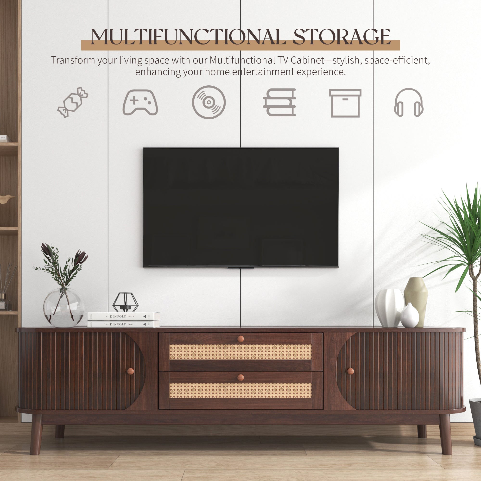 Modern Farmhouse Rattan TV Stand for TVs up to 75'', Natural Wood and Brown Solid Wood Legs, MDF Cabinet with Rattan Drawers and Sliding Doors, 66.93'' L Living Room Entertainment Console - Grand Goldman Shop