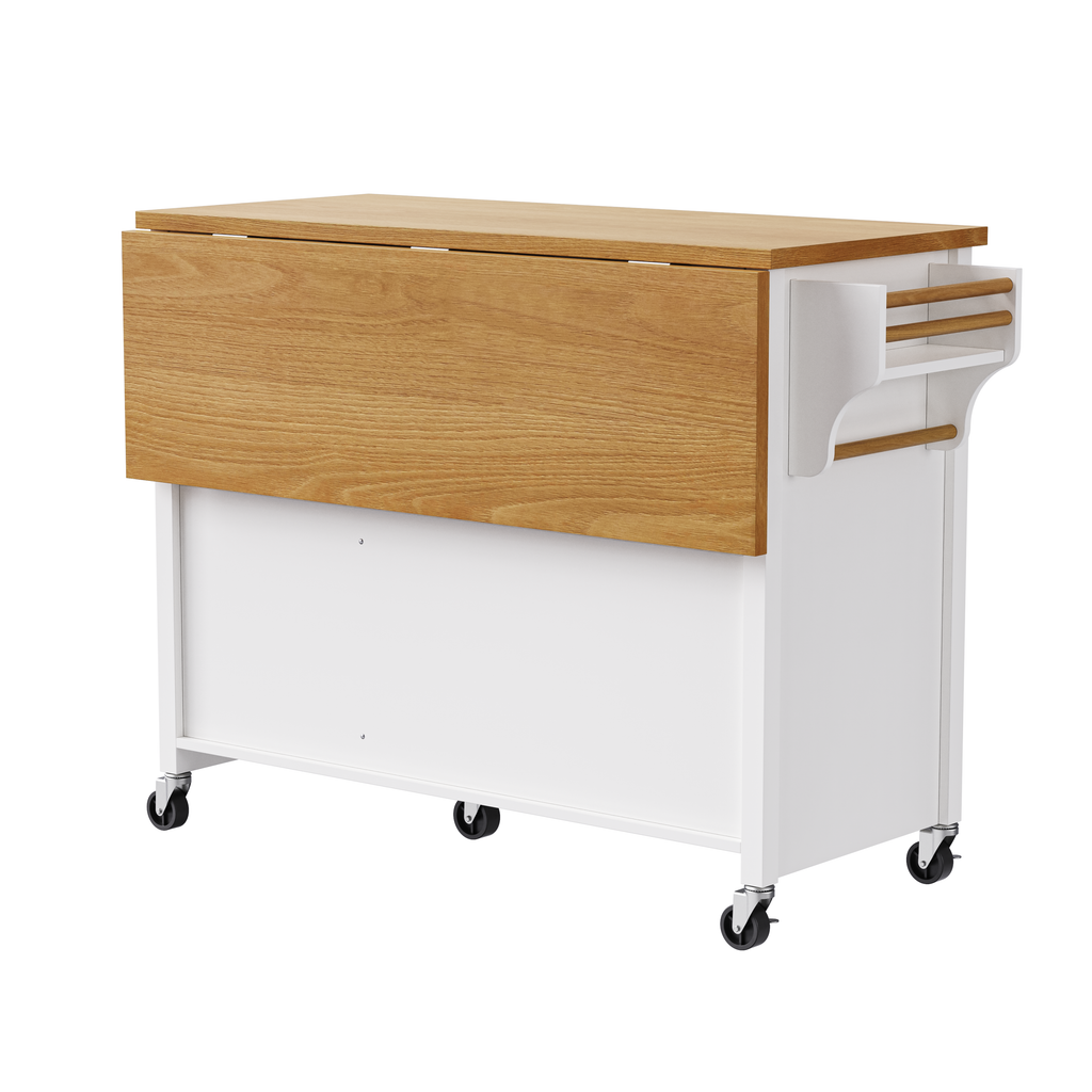 K&K 52'' Kitchen Island with Drop Leaf, Embossed Texture Kitchen Island on Wheels with Spice Rack, Towel Rack, 2 Doors and 5 Drawers, Kitchen Storage Cart with Adjustable Shelf for Kitchen, White - Grand Goldman Shop