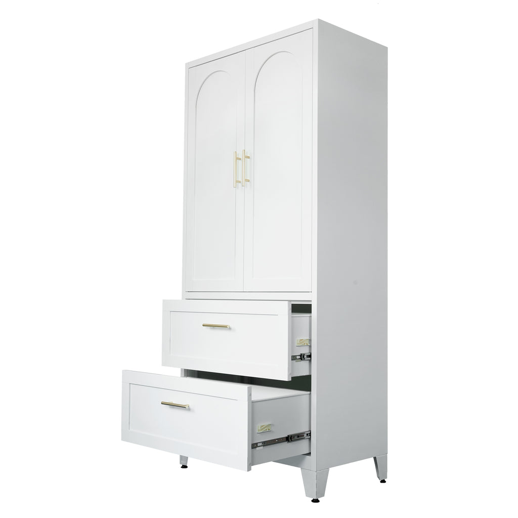 71' Tall Metal Wardrobe Cabinet with 2 Drawers and Hanging Rod, 2 Doors Wardrobe Closet with Shelf for Bedroom, Office, Laundry Room,Entryway ,Foyer,Guesthouse (White) - Grand Goldman Shop