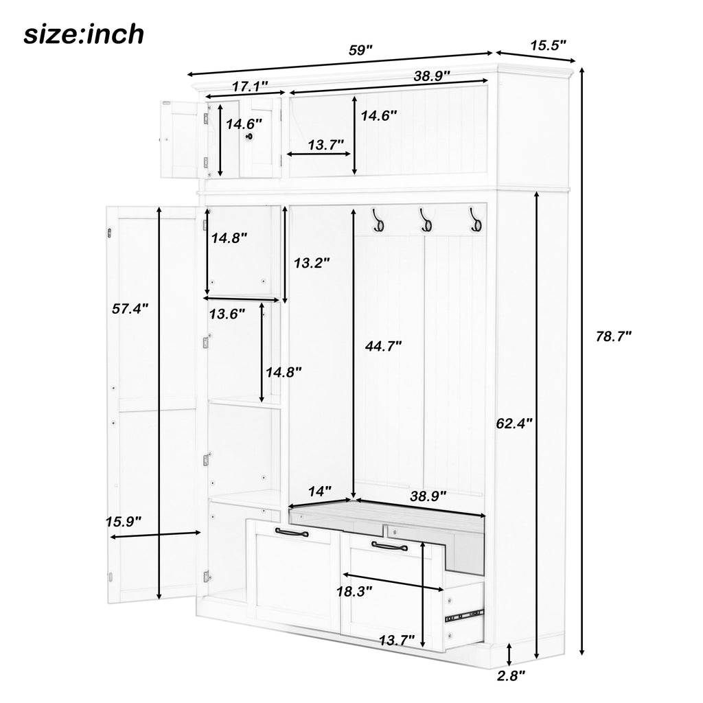 3-in-1 Hall Tree with Overhead Storage Cabinet, 3 Adjustable Side Shelves, 4 Heavy-Duty Hooks, 2 Spacious Drawers, Grooved Back Panel Design, Contrasting Seat Bench, Multifunctional Entryway Organizer - Grand Goldman Shop