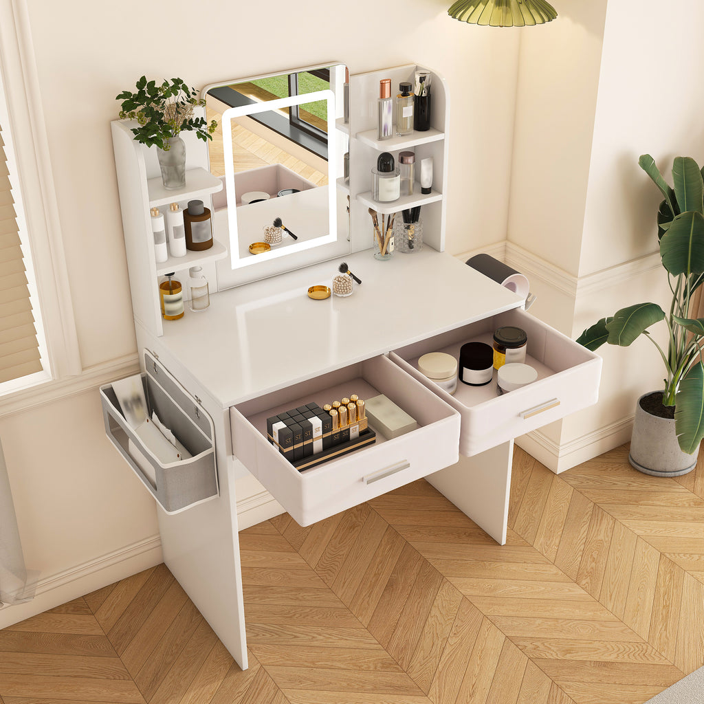 Elegant LED Mirror Vanity Dressing Table with Adjustable Lights, Drawers & Storage, White MDF, 27.56 x 15.75 Inches - Grand Goldman Shop