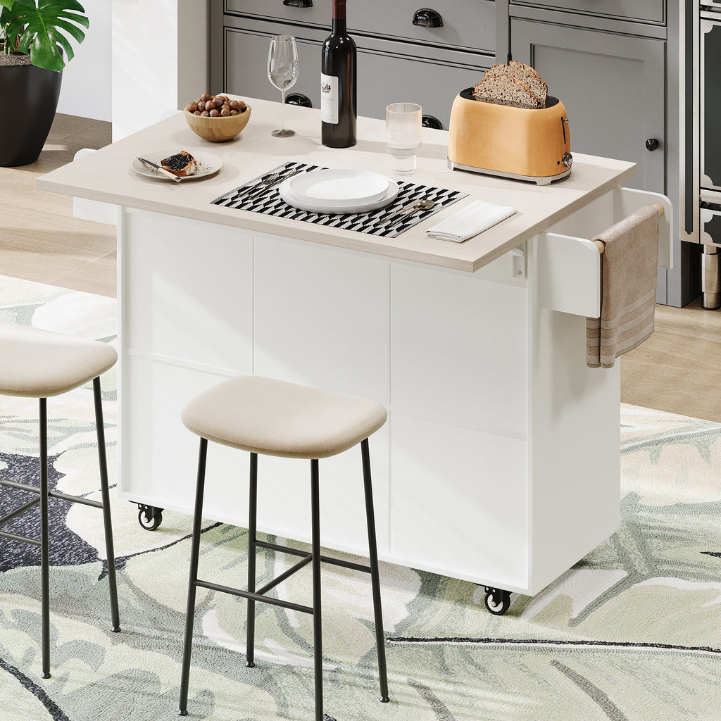 K&K Kitchen Island with Trash Can Storage Cabinet, Kitchen Cart with Drop Leaf, Spice Rack, Towel Rack and Drawer, Rolling Kitchen Island on Wheels with Adjustable Shelf, White - Grand Goldman Shop