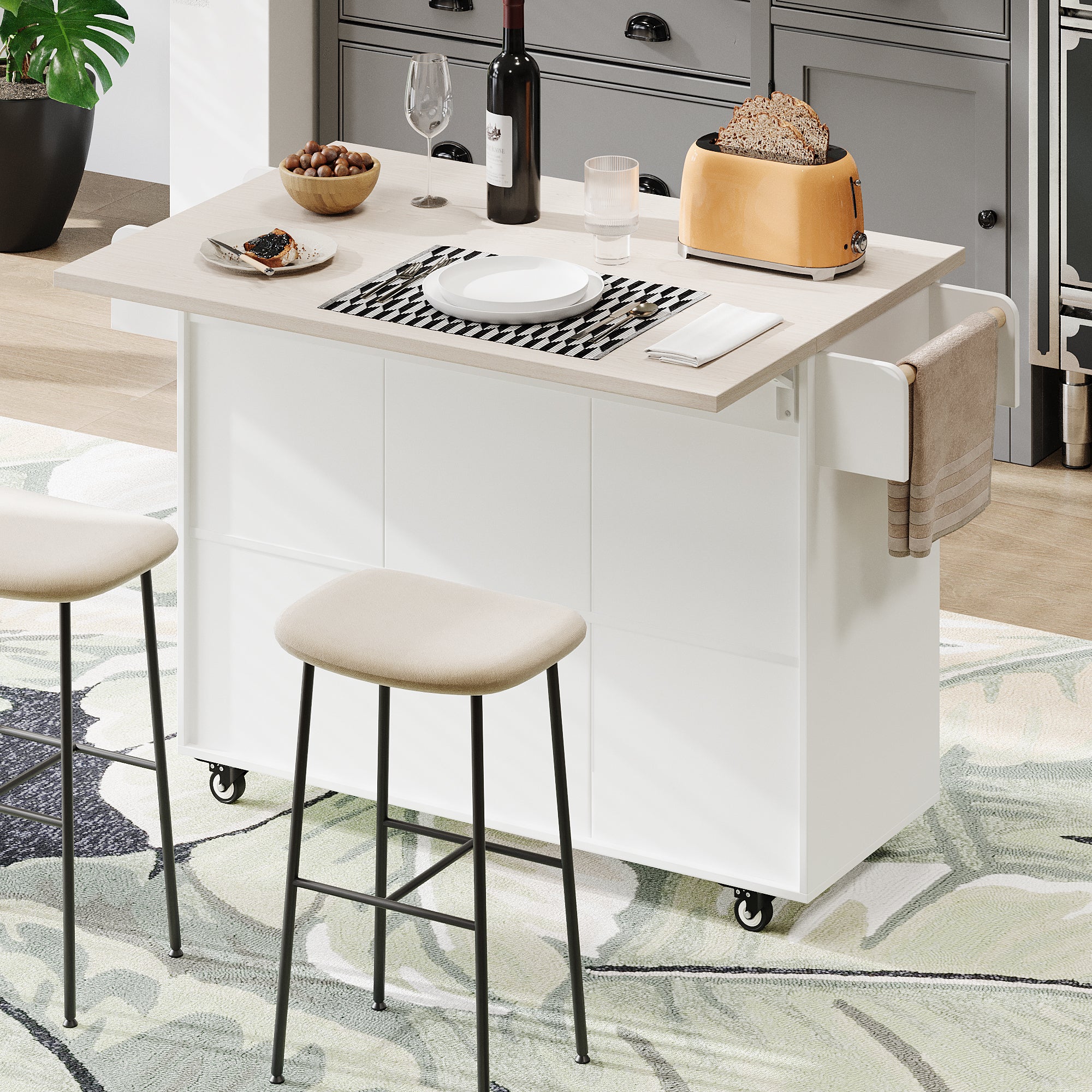 K&K Kitchen Island with Trash Can Storage Cabinet, Kitchen Cart with Drop Leaf, Spice Rack, Towel Rack and Drawer, Rolling Kitchen Island on Wheels with Adjustable Shelf, White - Grand Goldman Shop