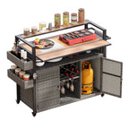 K&K 52.8'W Wicker Outdoor Grill Cart with Extended Plastic Wood Table Top, Rolling Kitchen Island on Wheels with Storage Cabinet, for Patio Backyard Garden Poolside, Double Handle Design, Grey - Grand Goldman Shop