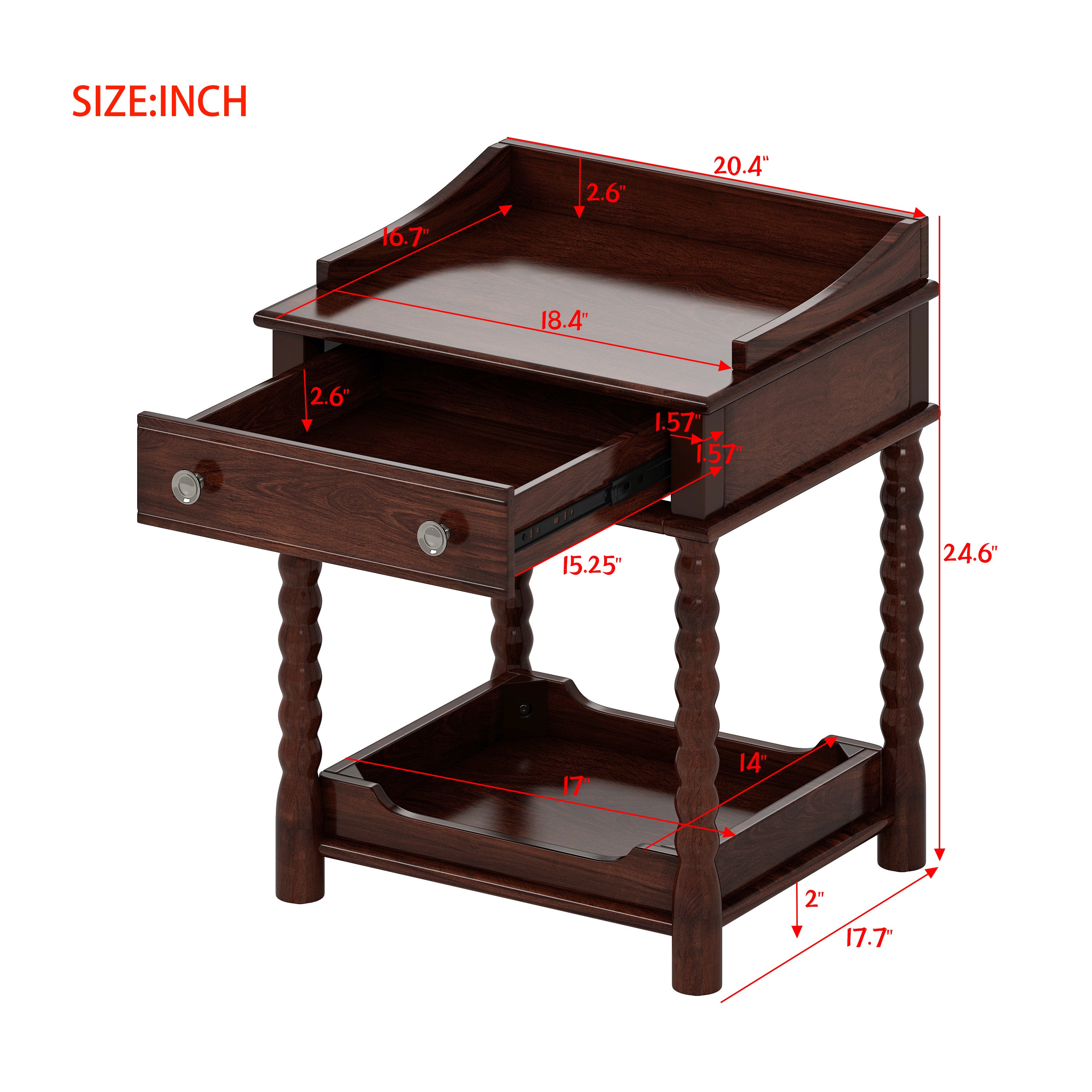 Retro Style Nightstand with Drawer and Open Shelf for Bedroom, Bedside Table with Turned Legs and Metal Handle,Walnut - Grand Goldman Shop