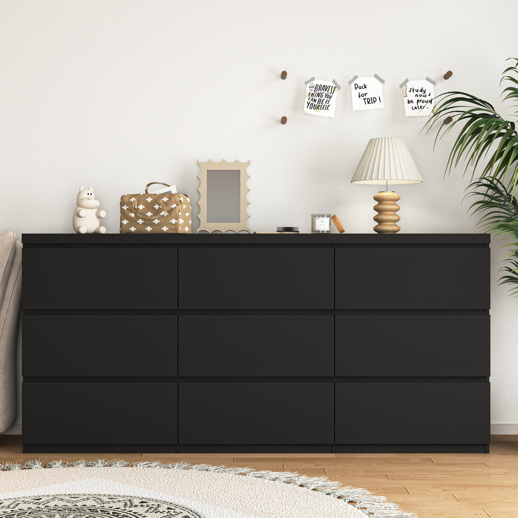 9 Drawer Dresser with No Handle Design, Modern Black Matte Wood Dresser for Bedroom, Storage Chest of Drawers for Living Room, Hallway, Entryway - Grand Goldman Shop