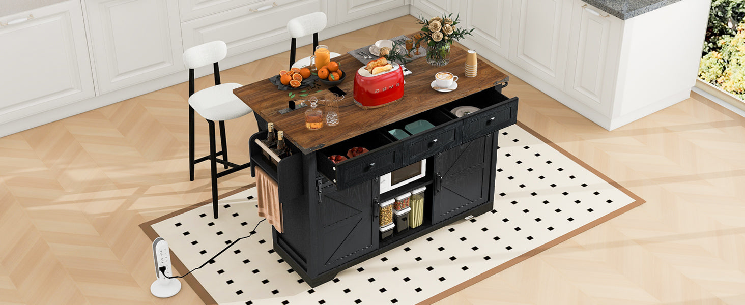 K&K 53.7' Farmhouse Kitchen Island with Power Outlet, 2 Sliding Barn Door Kitchen Storage Island with Drop Leaf, Spice Rack Rolling Kitchen Cart on Wheels, for Home, Kitchen and Dining Room, Black - Grand Goldman Shop
