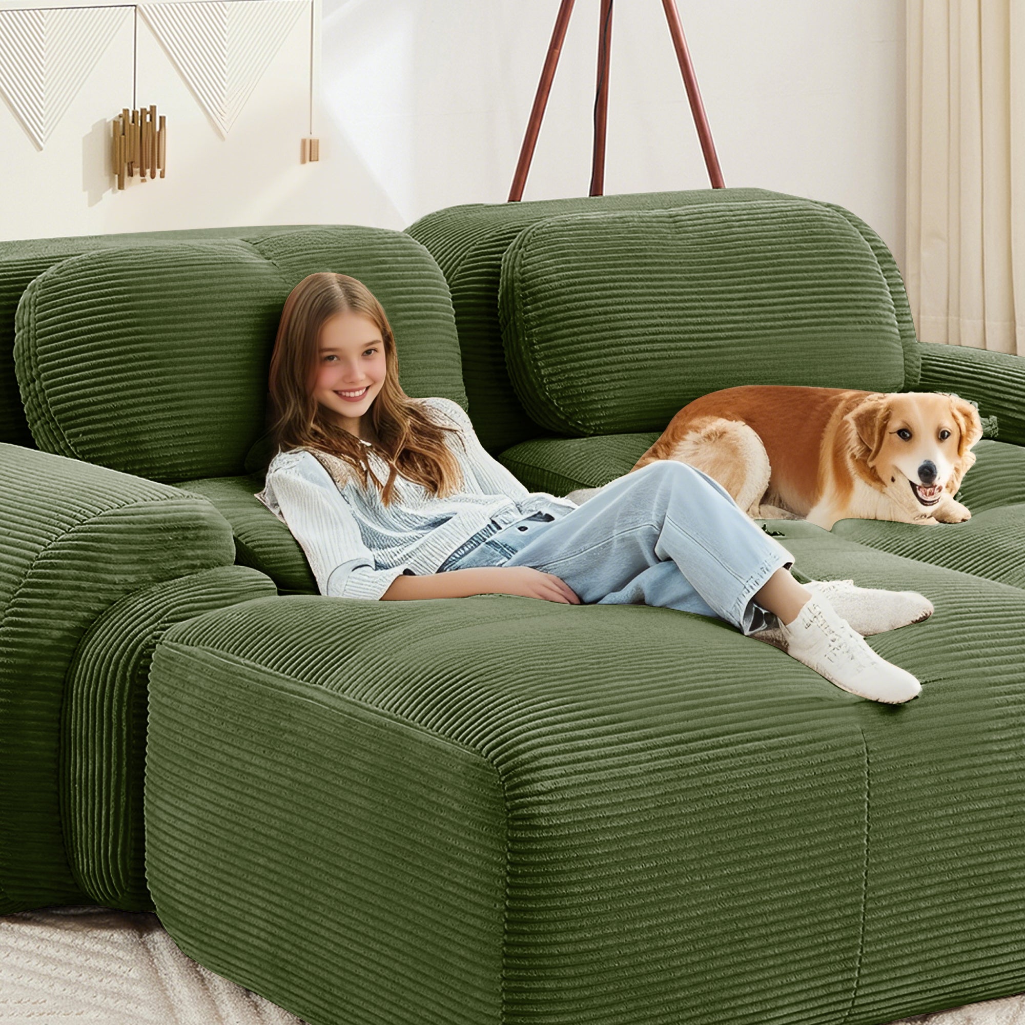 82'' loveseat sofa in luxuryCorduroy Fabric modular for free combo separation curved armrests ,anti-slip design high-resilience sponge fits living rooms bedrooms Audiovisual Room,Olive green - Grand Goldman Shop