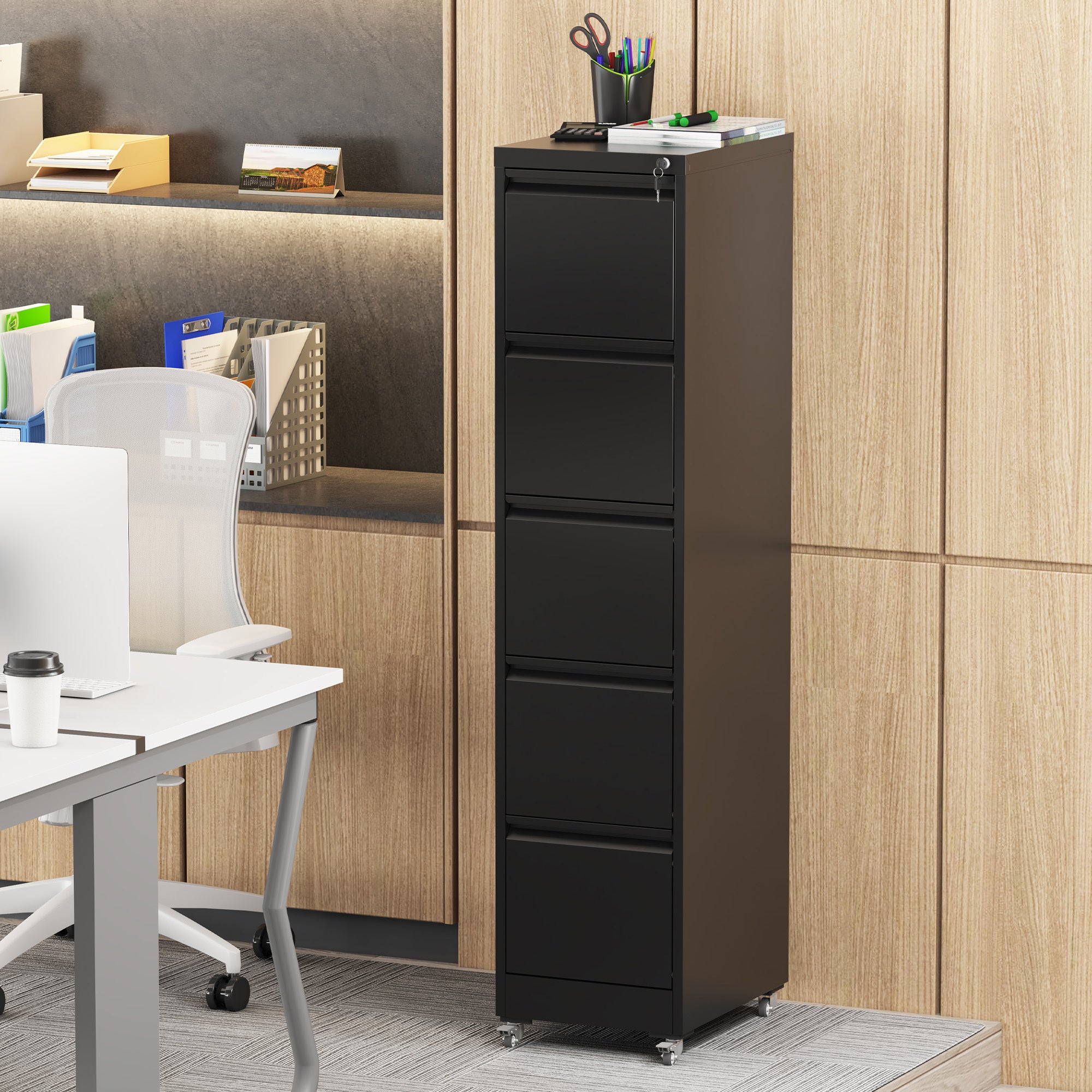 Heavy Duty Black Metal 5 Drawer Vertical File Cabinet with Lock and Wheels for Home Office | Premium Home Decor - Grand Goldm
