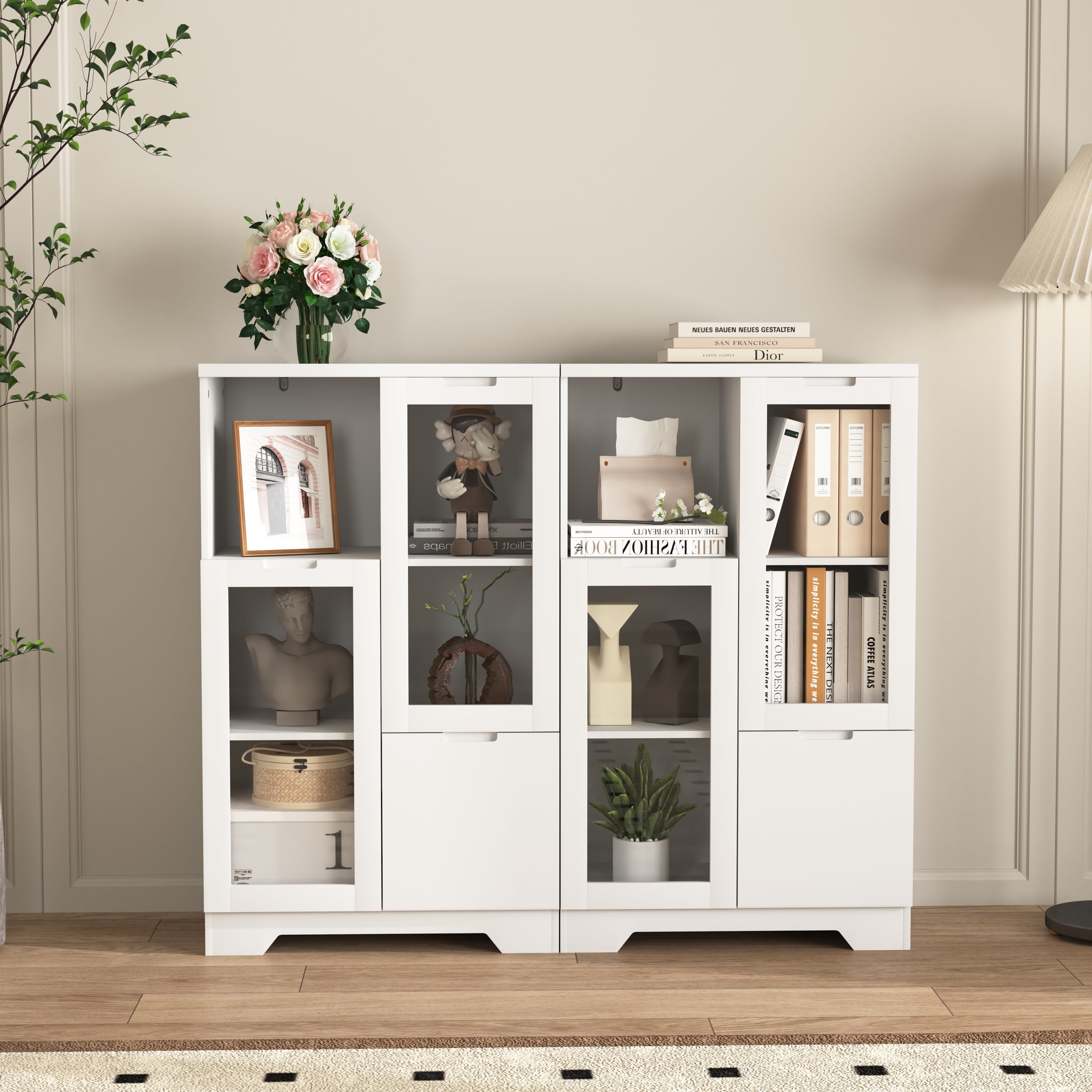 Modern MDF Painted Cabinet with Glass Doors and Drawer, White, for Bedroom and Living Room - Grand Goldman Shop