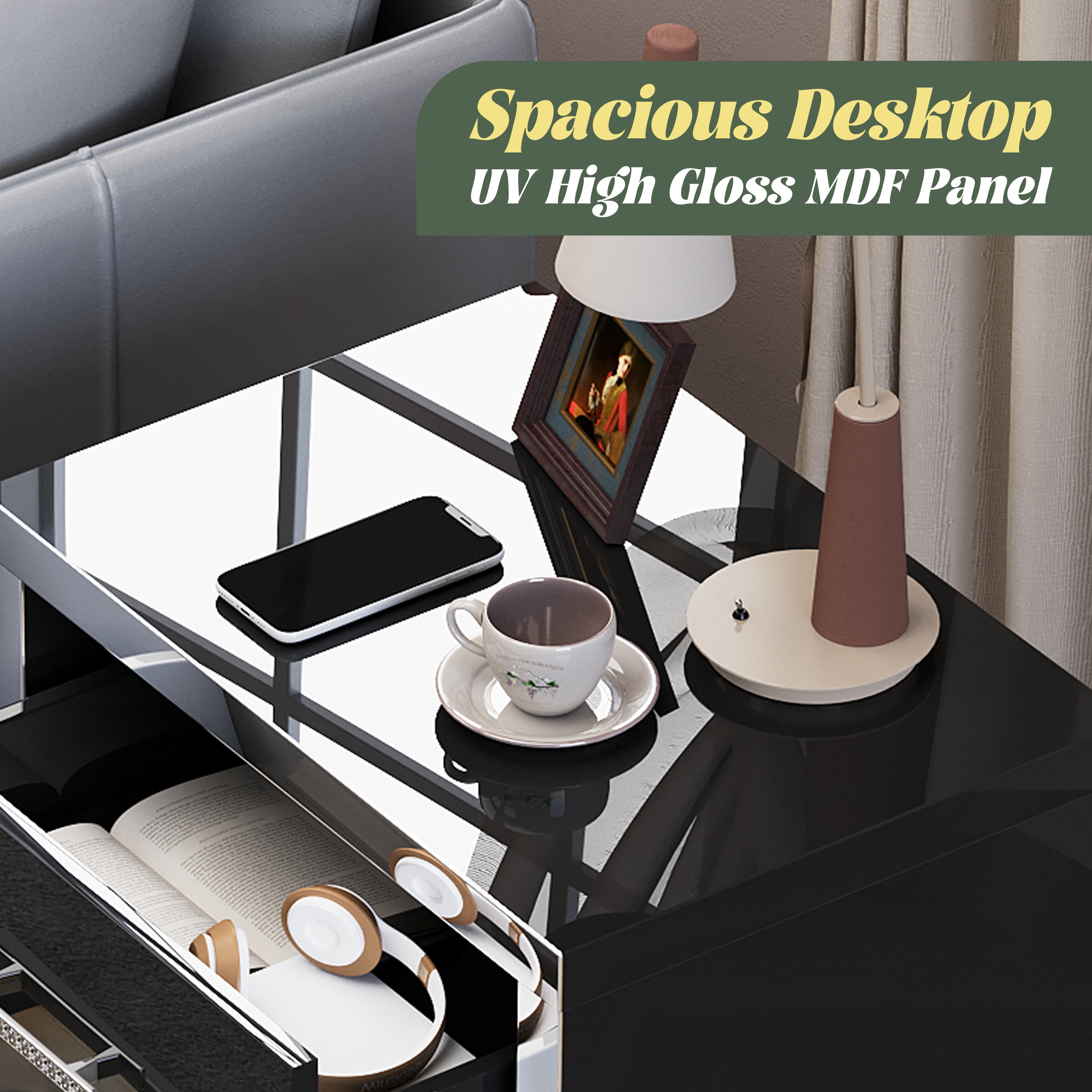 High Gloss Mirrored Nightstand with 2 Drawers,Modern End Table with Drawers,Mirrored High Gloss Wood Nightstand Metal Handle Bedside End Table for Bedroom, Dorm,Living Room,Black - Grand Goldman Shop