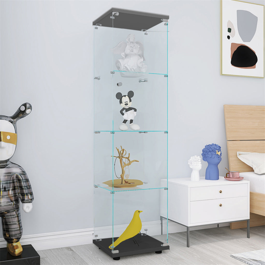 4 Shelves Glass Cabinet Glass Display Cabinet with One Door, Black - Grand Goldman Shop