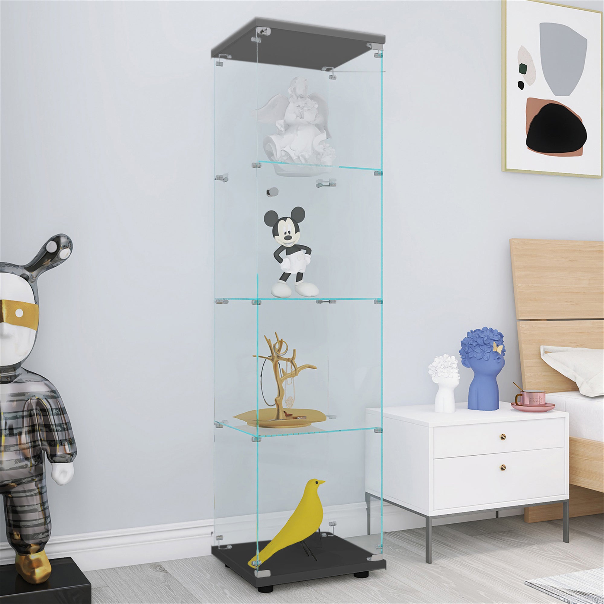 4 Shelves Glass Cabinet Glass Display Cabinet with One Door, Black - Grand Goldman Shop