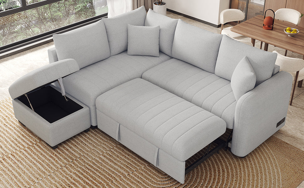 Modern L-shaped Sectional Pull Out Sofa Bed with USB Ports & Storage Ottoman, Gray Jacquard Fabric, 82.6' - Grand Goldman Shop