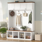 59''W Entryway Hall Tree with Bench and Storage, Farmhouse Wood-grain Accent 4-in-1 Hall Tree with Cabinets, Coat Racks and Hooks for Hallway, Entryway, living room and Mudroom - Grand Goldman Shop