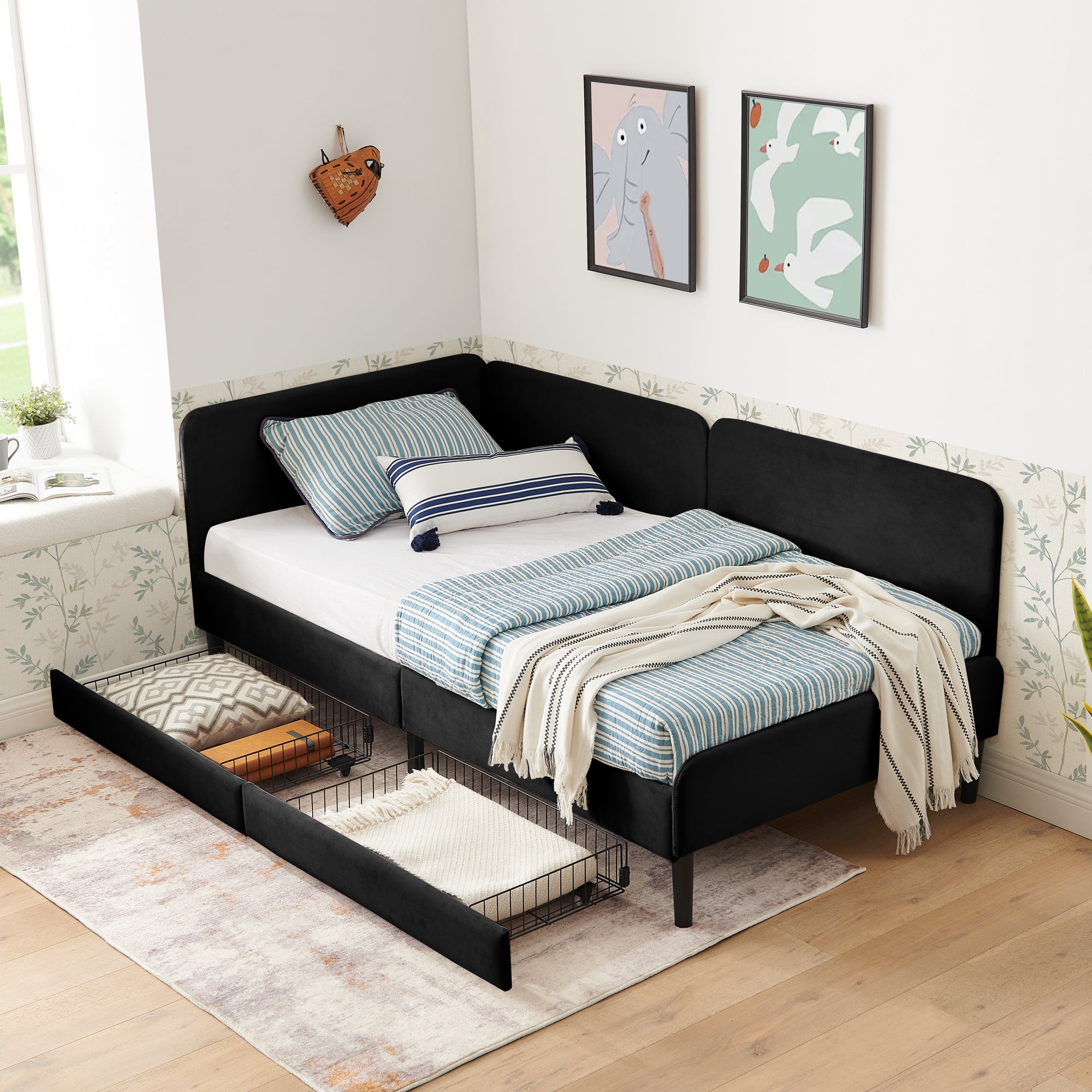 Black Velvet Twin Upholstered Platform Bed Frame with 2 Storage Drawers and Adjustable Sofa Bed - Grand Goldman Shop