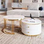 Modern 2 Pieces White Round Nesting  Coffee Table with Drawers in 27.6'' - Grand Goldman Shop