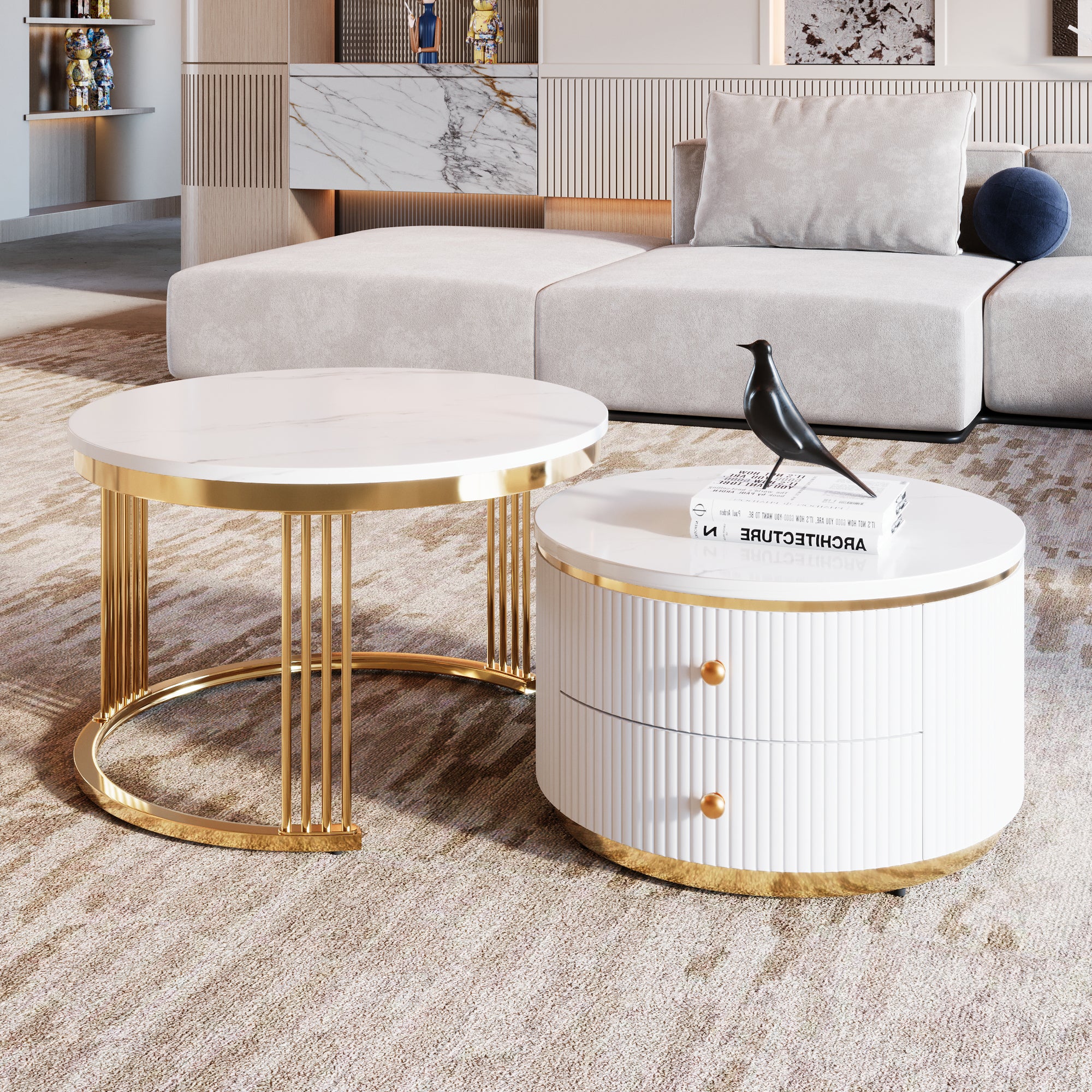 Modern 2 Pieces White Round Nesting  Coffee Table with Drawers in 27.6'' - Grand Goldman Shop