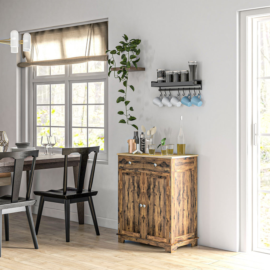 HOMCOM Sideboard with Solid Wood Countertop, Modern Kitchen Storage Cabinet, Coffee Bar Cabinet with 2 Drawers, Doors and Adj
