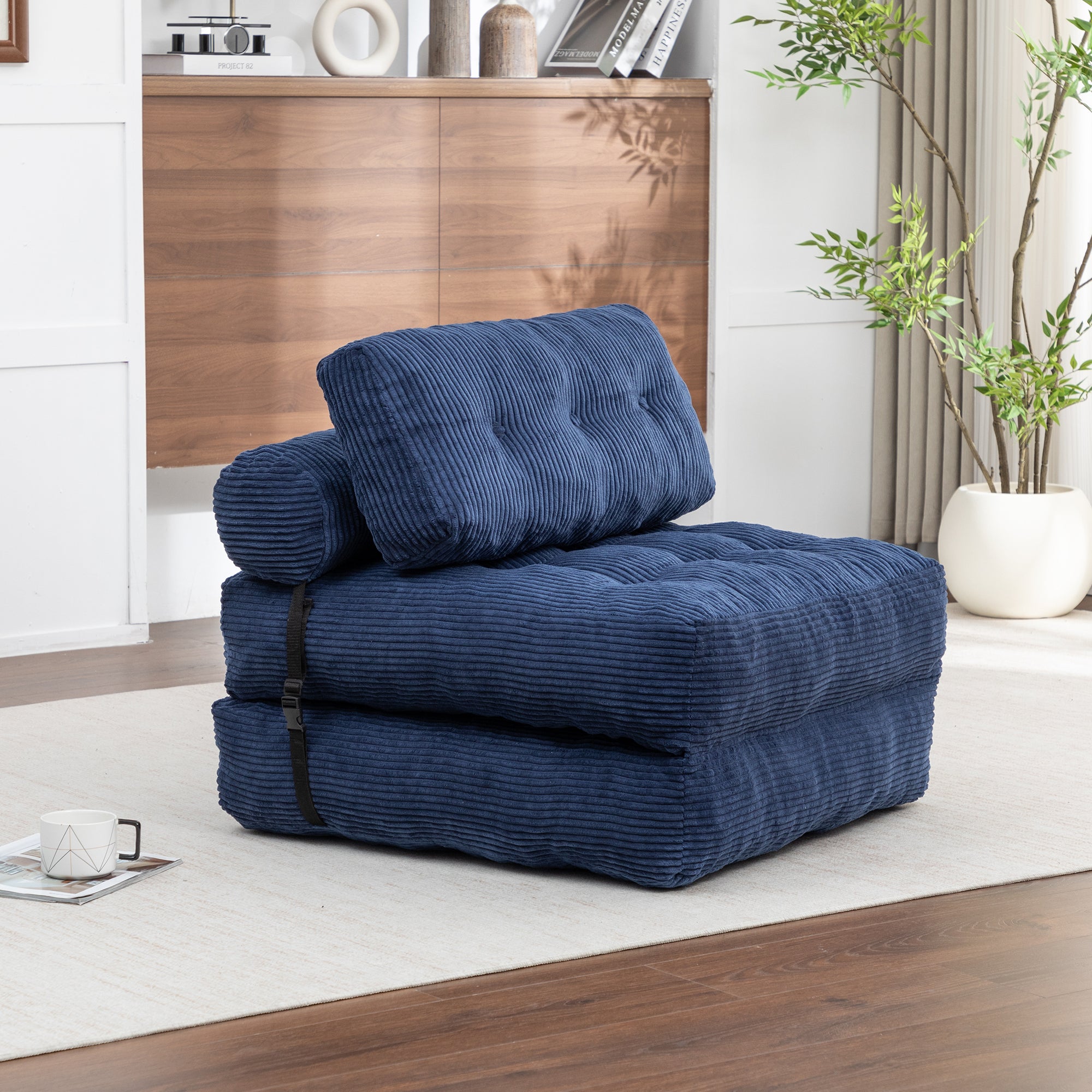 Folding Sofa Bed, Convertible Sleeper Chair with Pillow Foldable Mattress with Back Support, Portable Fold Out Chair Bed Comfy Floor Sofa Lounge for Living Room Bedroom, Dark Blue, Single - Grand Goldman Shop