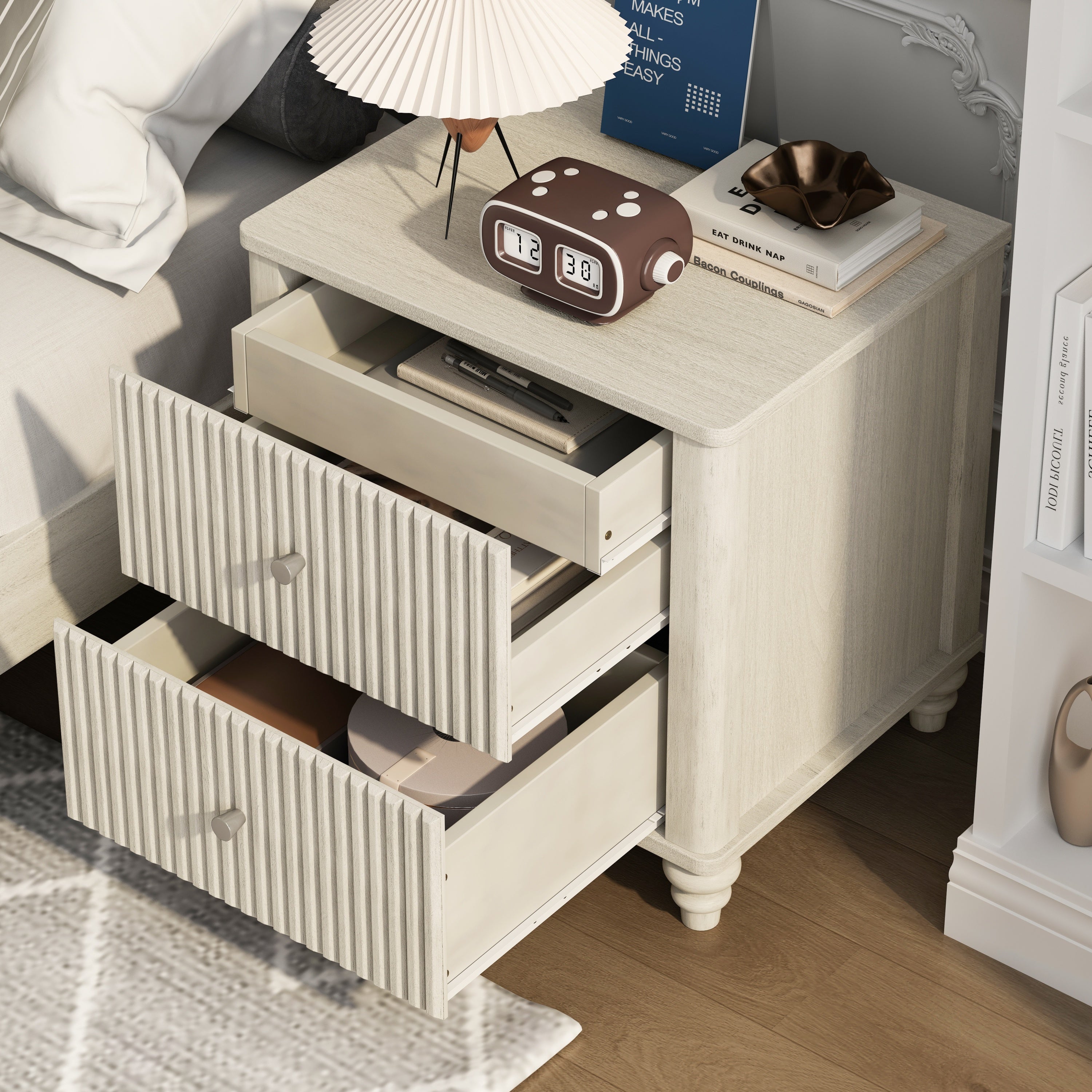 3-Piece Bedroom Set with Queen Size Bed and 2 Nightstands, Beige - Grand Goldman Shop