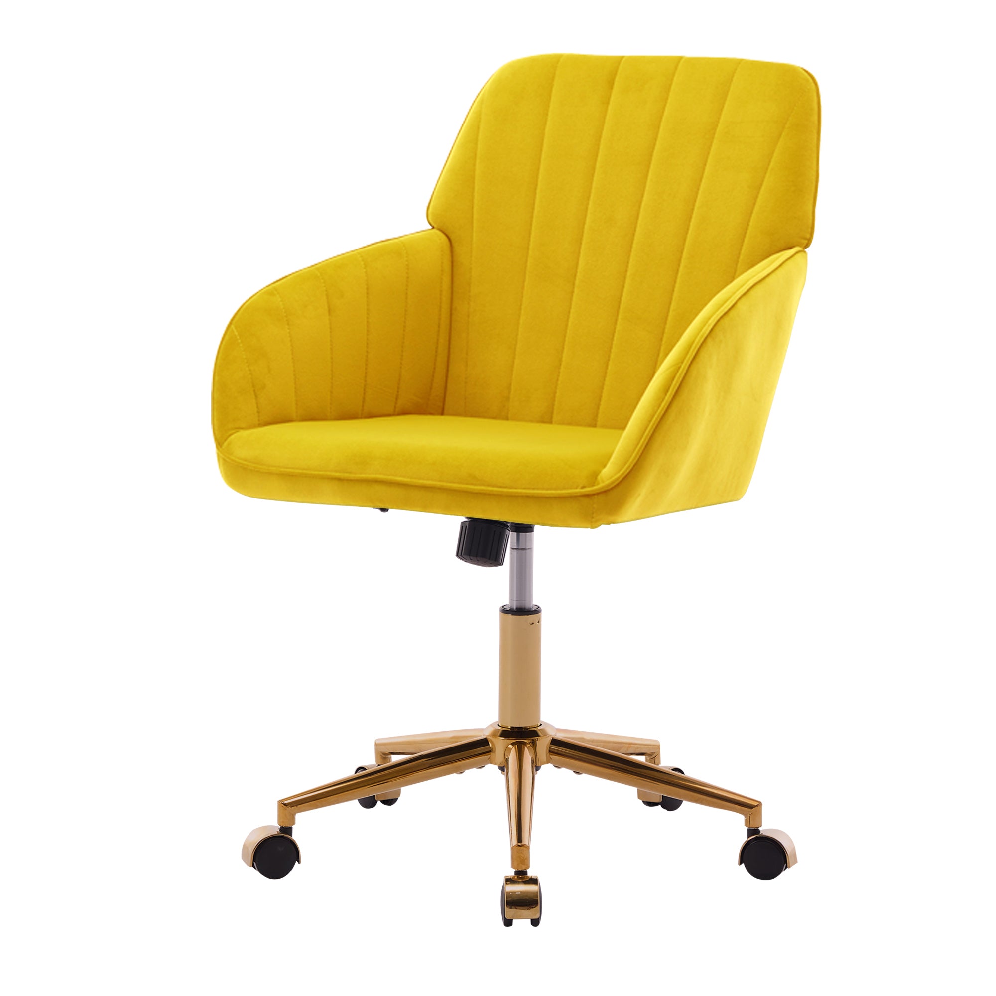 TY Modern Office Chair with Gold Base, Bright Yellow Velvet Upholstery, Wide Backrest and Adjustable Height for Home or Offic