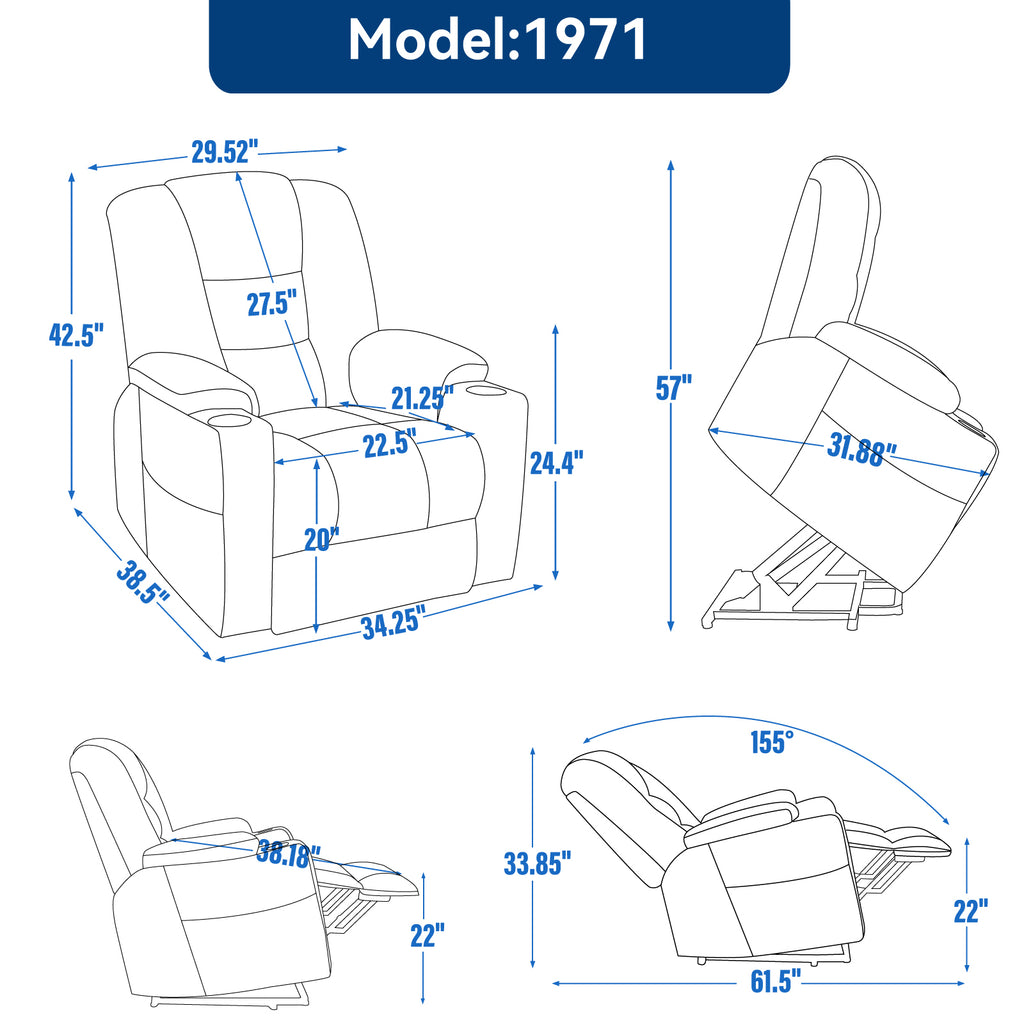 Power Lift Recliner Chair with Massage and Heat for Elderly, Overstuffed Wide Recliners, Heavy Duty Motion Mechanism with USB and Type C Ports, 2 Steel Cup Holders, Beige - Grand Goldman Shop