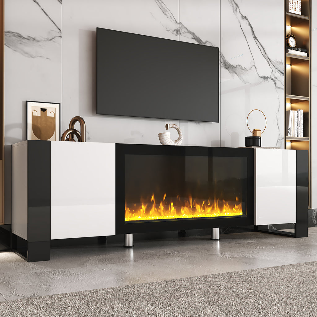 ON-TREND Modern TV Stand with 34.2' Non-heating Electric Fireplace, High Gloss Entertainment Center with 2 Cabinets, Media Console for TVs up to 78', White - Grand Goldman Shop