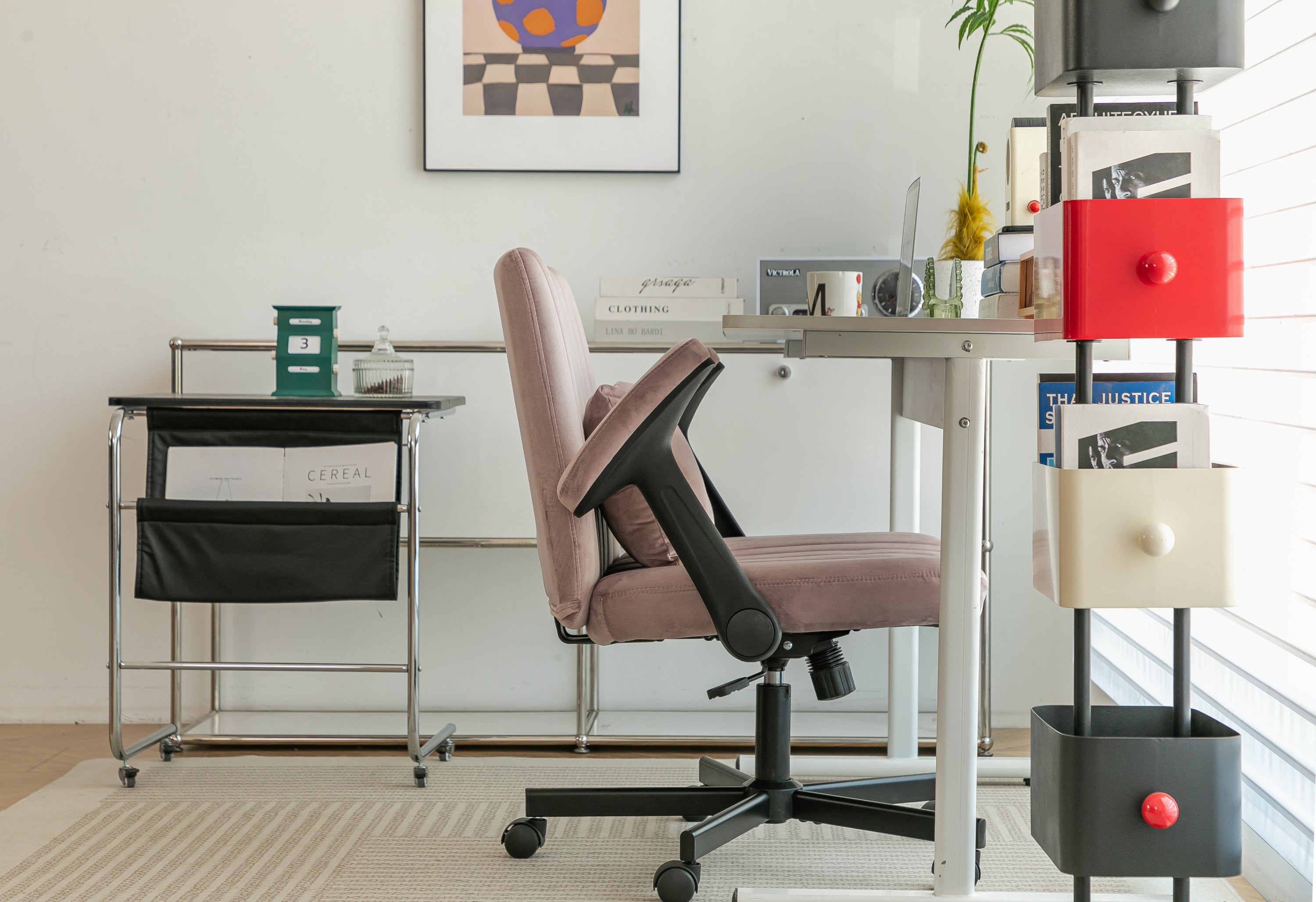 Pink Velvet Criss Cross Armrest Office Chair with Wheels - Comfortable for Home Office, Reading & Vanity | Premium Home Decor