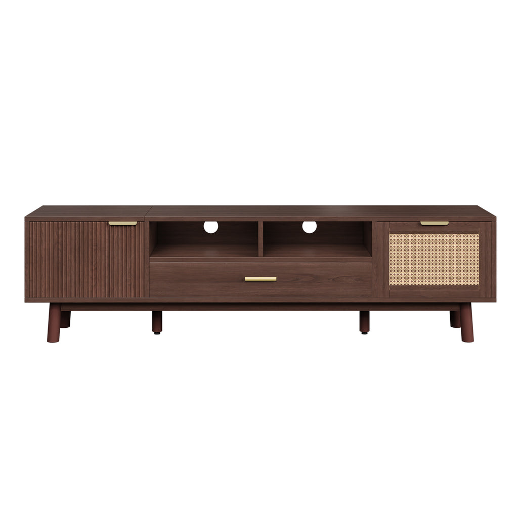 Wood Fashionable TV Stand for 75' TVs with Soft-Closing Doors, Dark Brown Modern Console with Rattan Accents and Drop-Down Cabinet, Solid Wood and MDF Construction - Grand Goldman Shop
