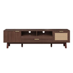 Wood Fashionable TV Stand for 75' TVs with Soft-Closing Doors, Dark Brown Modern Console with Rattan Accents and Drop-Down Cabinet, Solid Wood and MDF Construction - Grand Goldman Shop