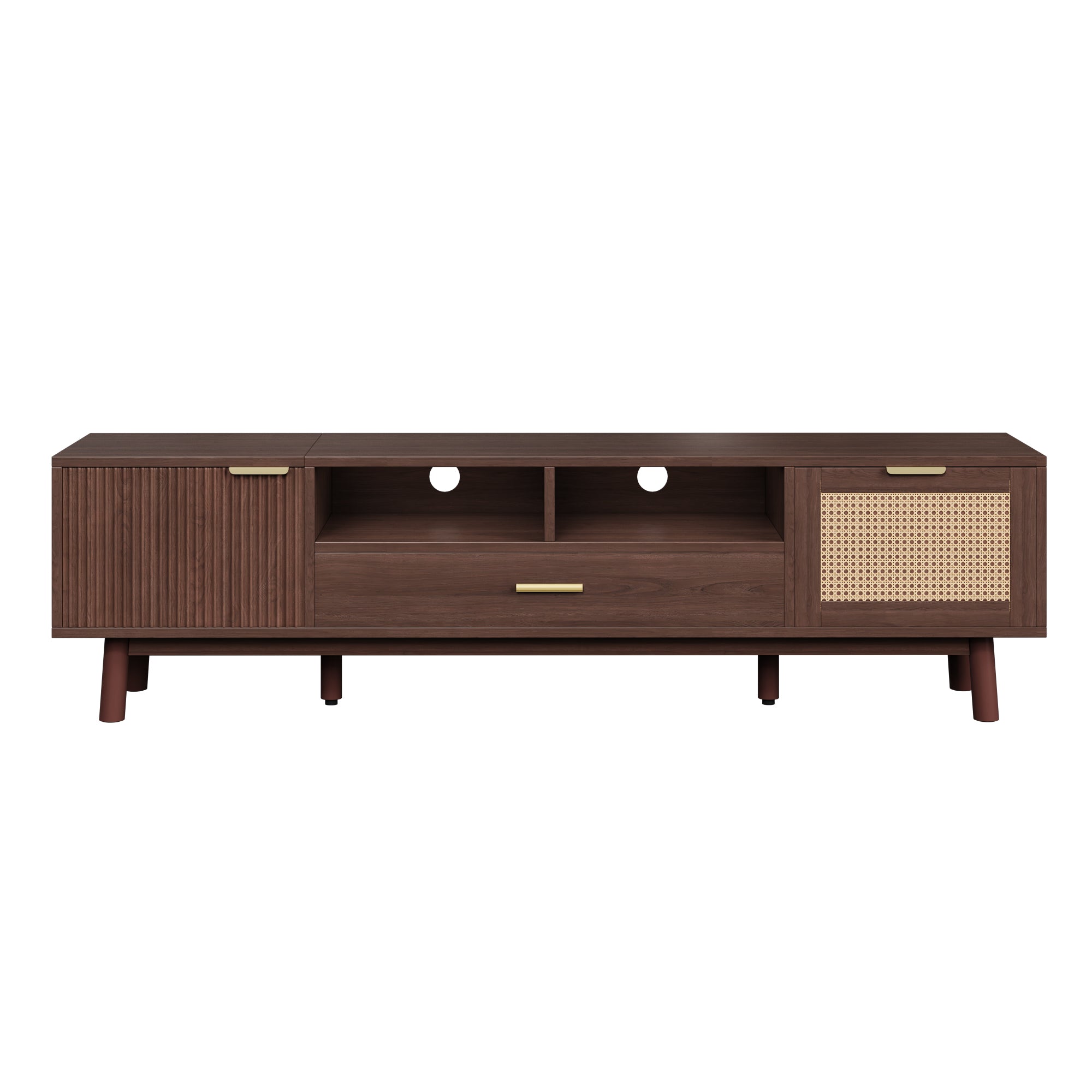 Wood Fashionable TV Stand for 75' TVs with Soft-Closing Doors, Dark Brown Modern Console with Rattan Accents and Drop-Down Cabinet, Solid Wood and MDF Construction - Grand Goldman Shop