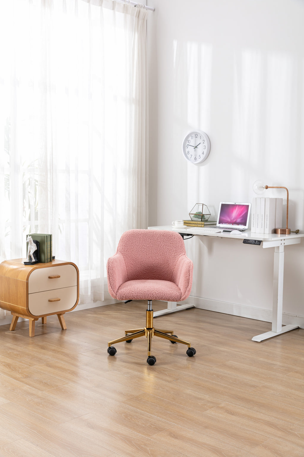 Modern Teddy Fabric Material Adjustable Height 360 Revolving Home Office Chair With Gold Metal Legs And Universal Wheel For I