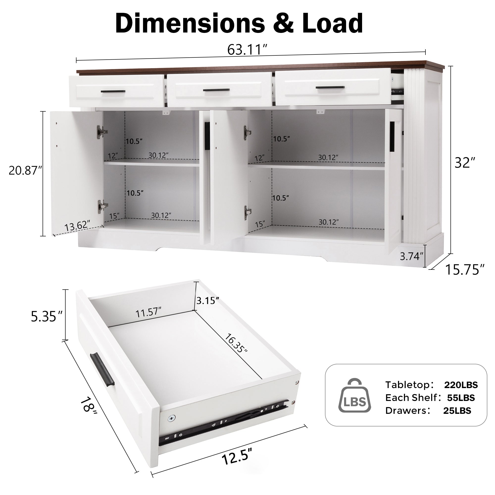 Modern Fluted Sideboard Buffet Cabinet with 4 Doors 3 Drawers, White MDF Storage Console Table for Living Room Dining Room Entryway, 63.11' L x 15.75' W x 32' H - Grand Goldman Shop