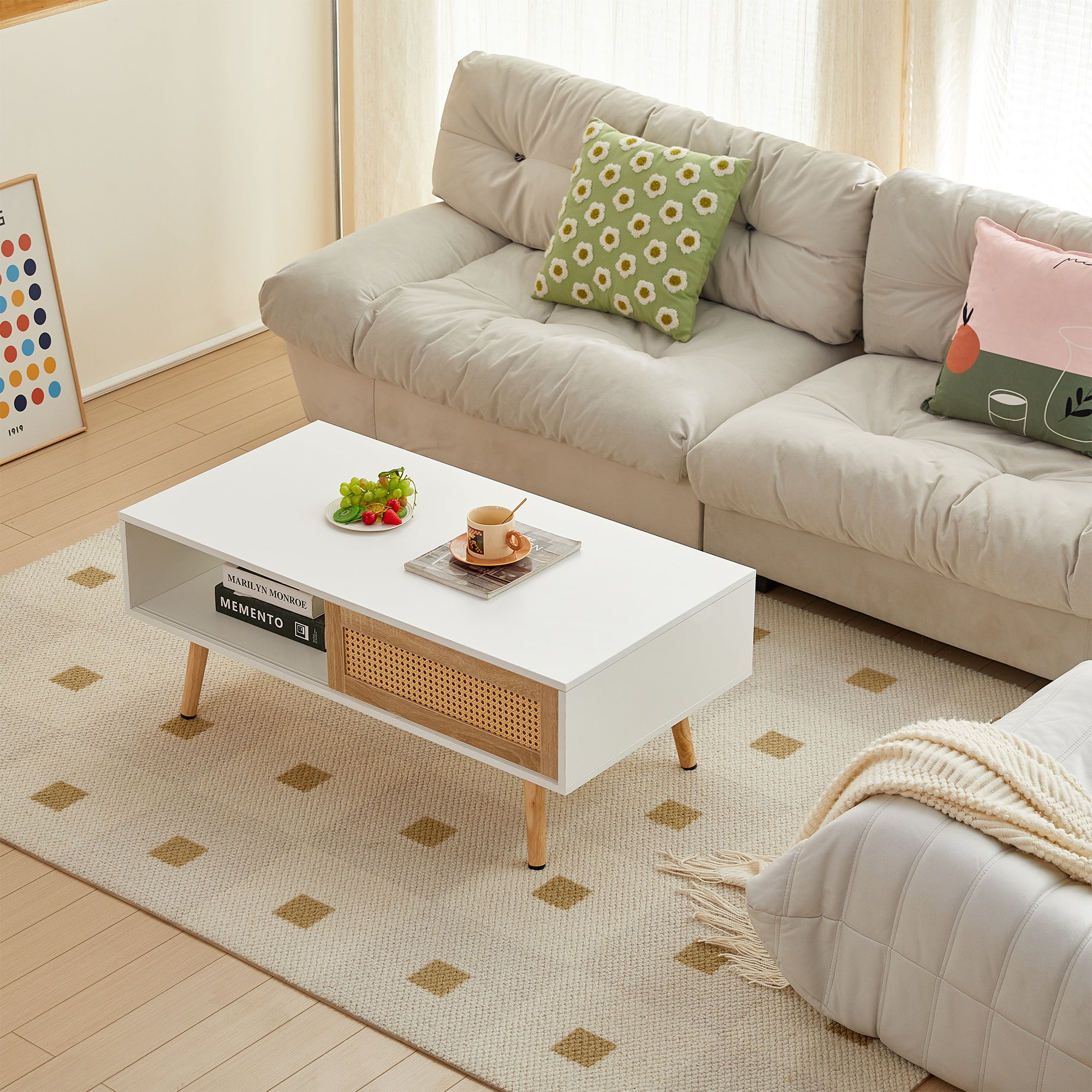 41.34' Rattan Coffee Table, Sliding Door for Storage, Solid Wood Legs, Modern Table for Living Room-White - Grand Goldman Shop