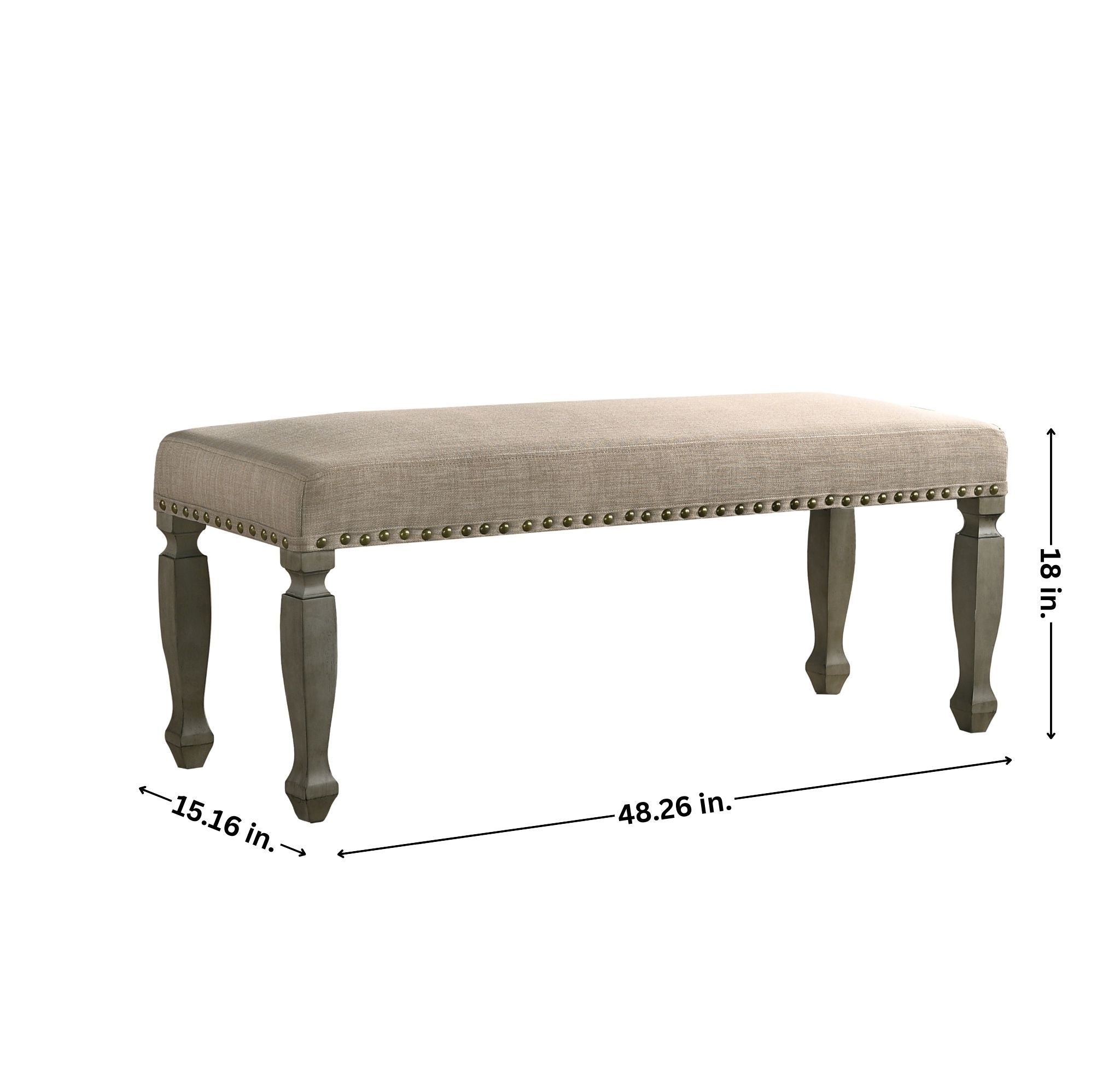 Breda Antique Gray Finish Upholstered Nailhead Bench - Grand Goldman Shop
