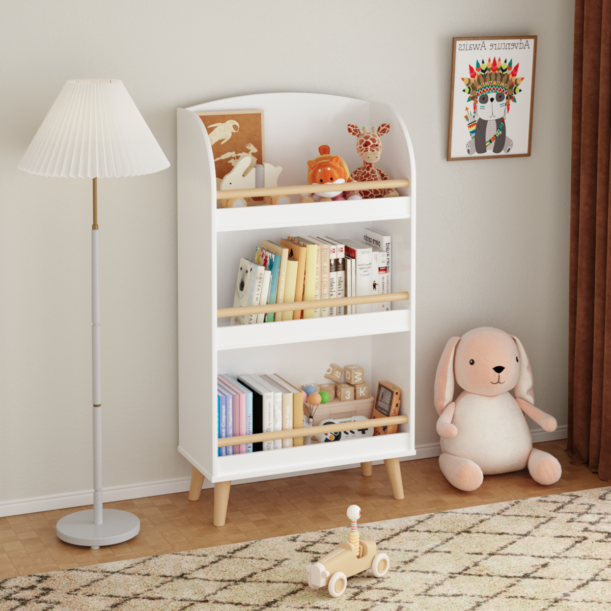 Kids Bookshelf 3-Tier White Book Organizer with Toy Storage, MDF and Pine Wood Legs - Grand Goldman