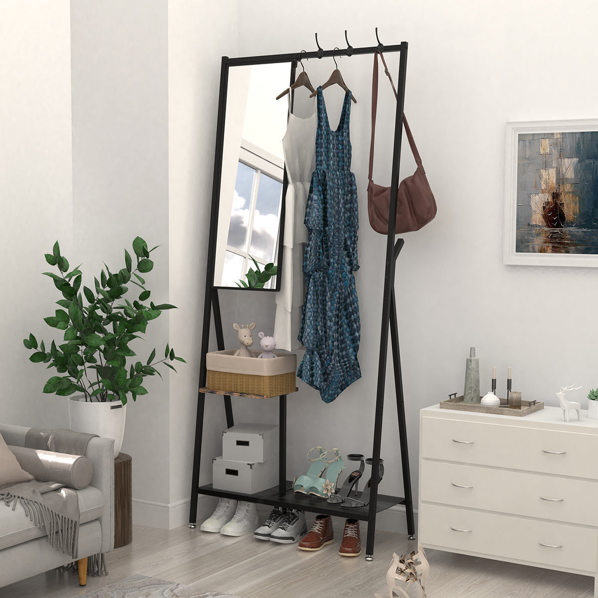 Coat Rack with Mirror, Multifunctional Hall Tree with Shoe Storage, Metal Frame, for Living Room Bedroom 73x32x15 Inches, Industrial Style, Rustic Brown and Black - Grand Goldman Shop
