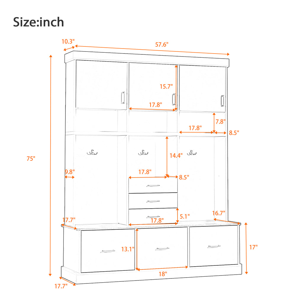 75'' H Entryway Hall Tree with Bench and Storage, 5-in-1 Modern Hall Tree with Coat Rack, 6 Drawers, 3 Cabinets and 3-Tier Top Storage for Hallway, Entryway, Living Room, Mudroom - Grand Goldman Shop