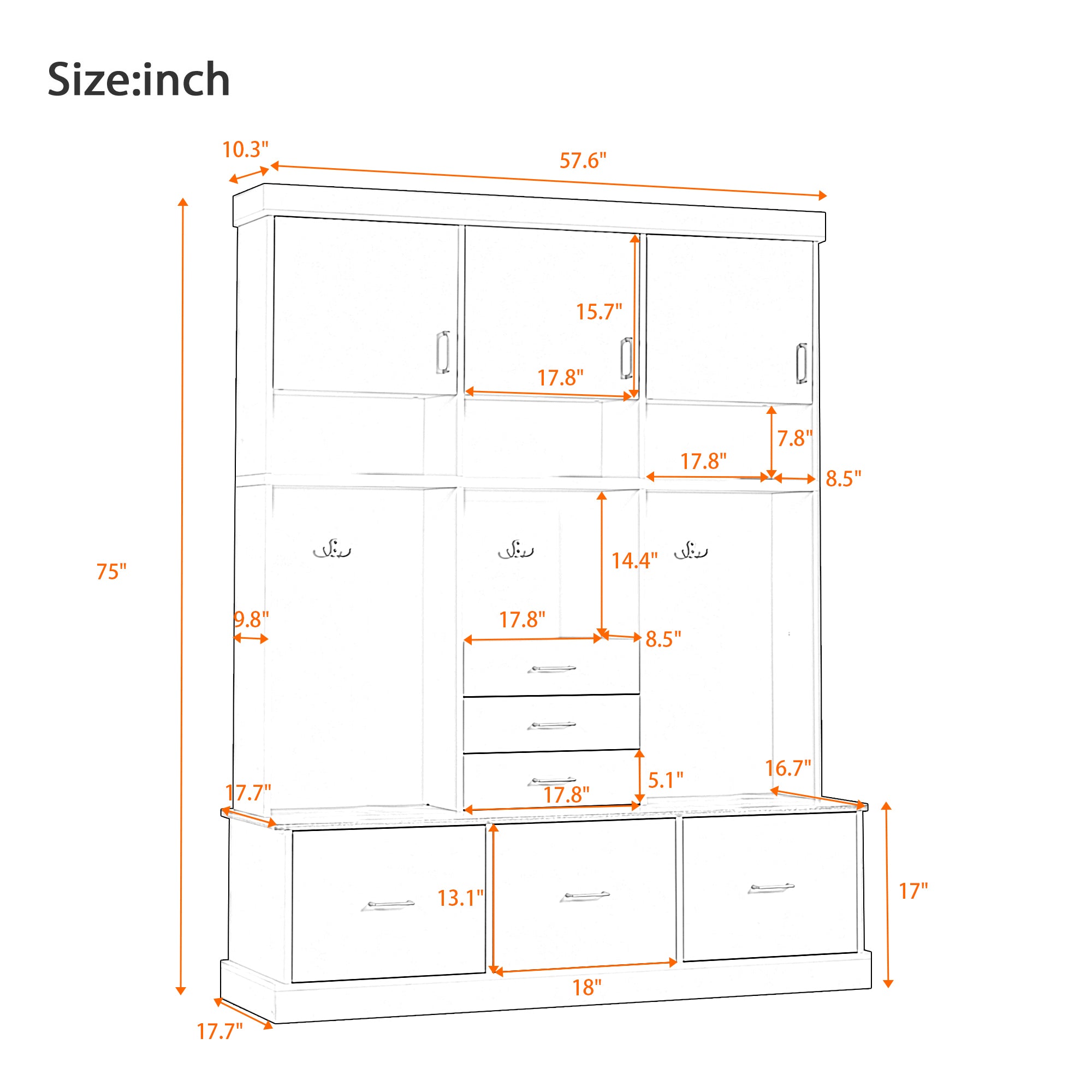75'' H Entryway Hall Tree with Bench and Storage, 5-in-1 Modern Hall Tree with Coat Rack, 6 Drawers, 3 Cabinets and 3-Tier Top Storage for Hallway, Entryway, Living Room, Mudroom - Grand Goldman Shop