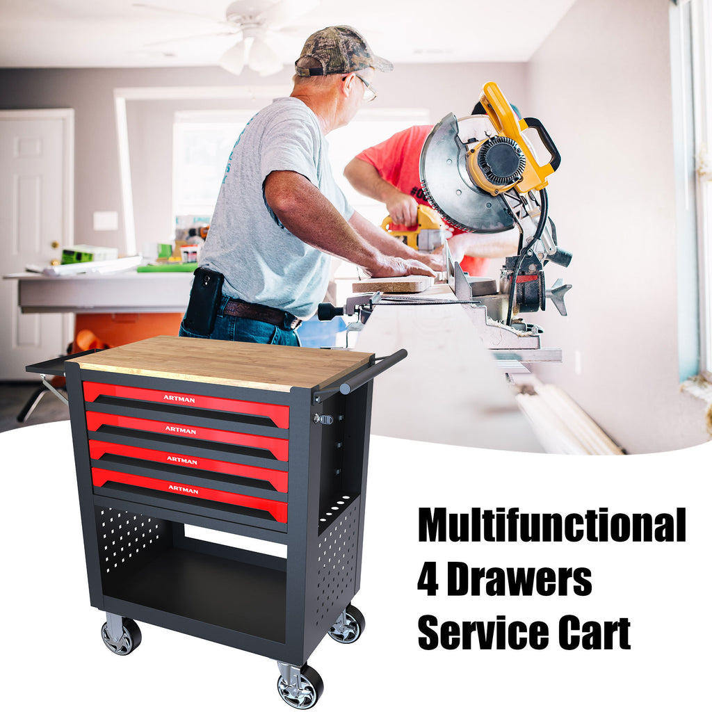 Stylish 4 Drawers Multifunctional Tool Cart With Wheels And Wooden Top - Available at Grand Goldman