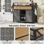 K&K 52.8'W Wicker Outdoor Grill Cart with Extended Plastic Wood Table Top, Rolling Kitchen Island on Wheels with Storage Cabinet, for Patio Backyard Garden Poolside, Double Handle Design, Grey - Grand Goldman Shop